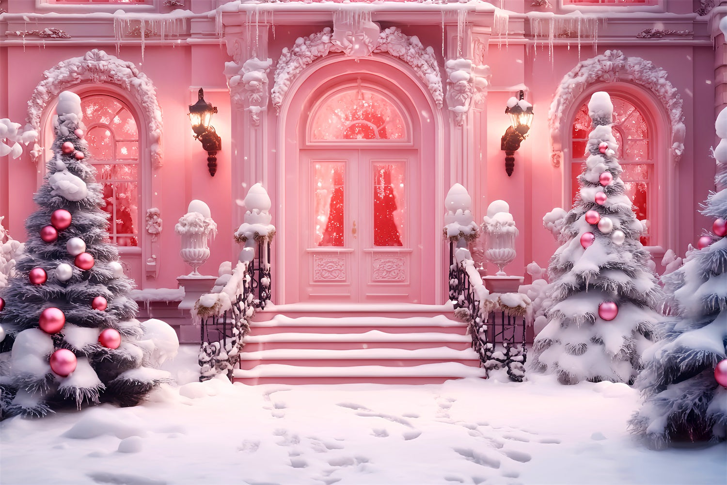 Toile de fond Noël Magasin de Jouets Entrée Enneigée Boutique Rose LXX59-190
