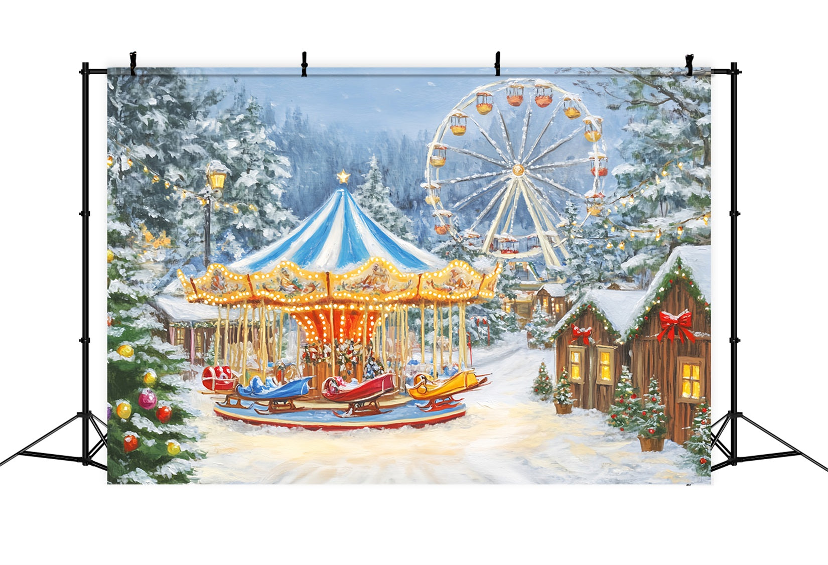 Toile de fond photo Noël Village Carnaval Hivernal Carrousel Lumières LXX59-194