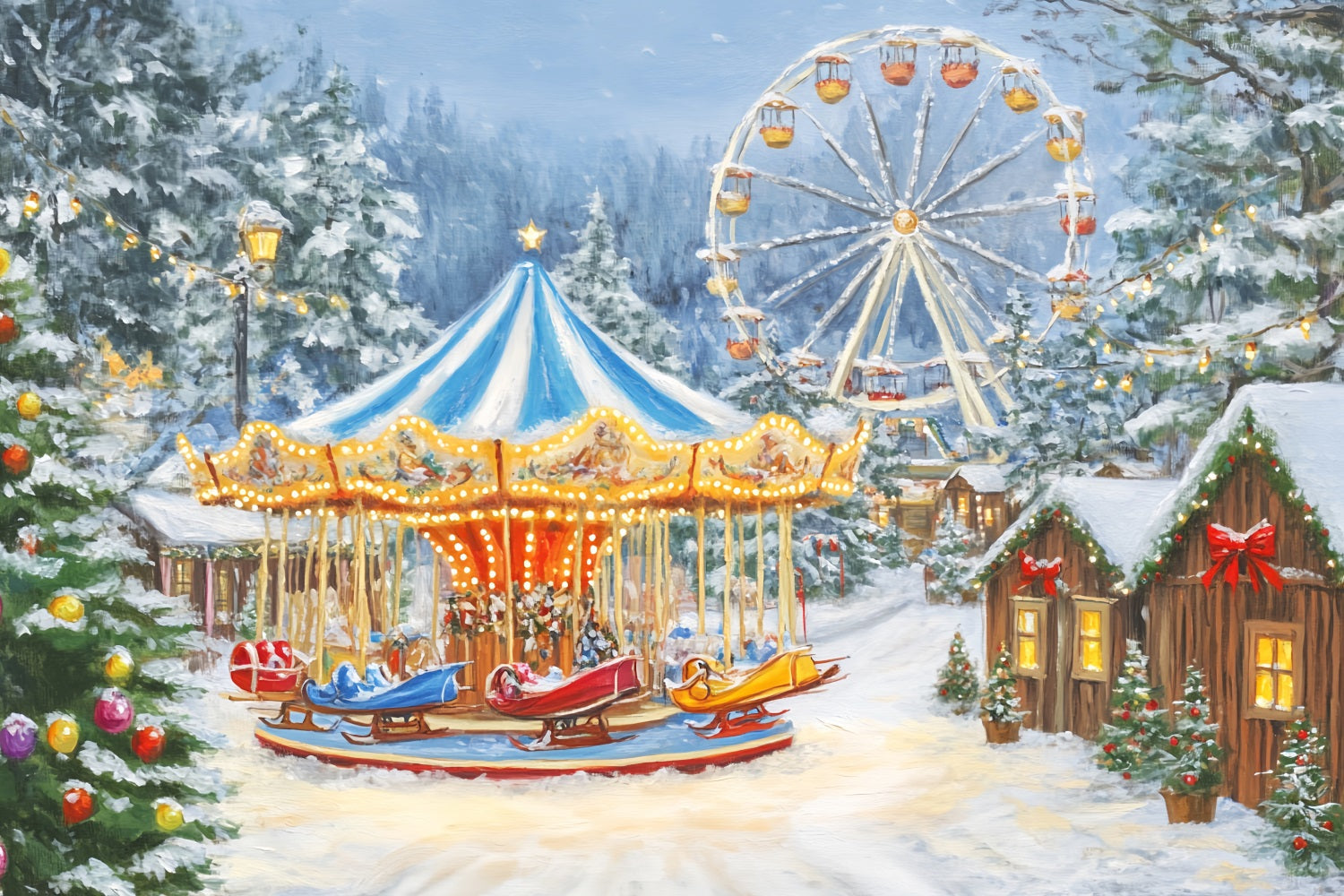 Toile de fond photo Noël Village Carnaval Hivernal Carrousel Lumières LXX59-194