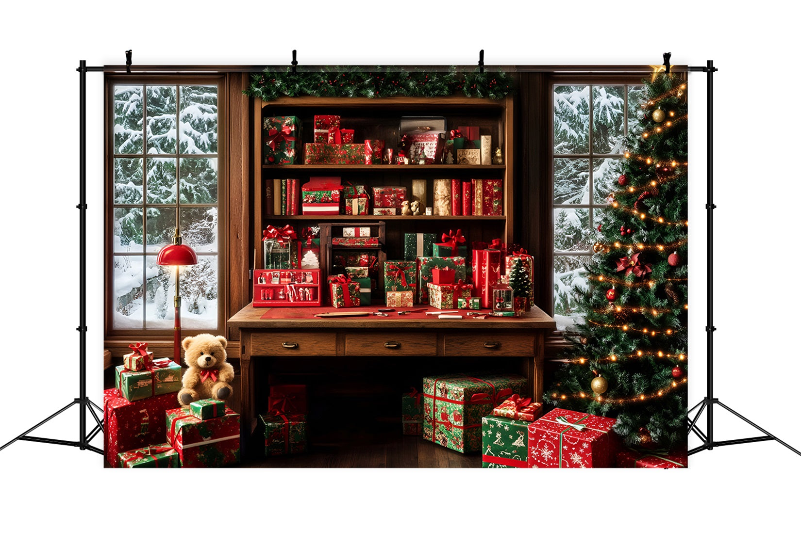 Toile de fond Noël Père Noël Bibliothèque Chaleureuse Cadeaux Emballés LXX59-195