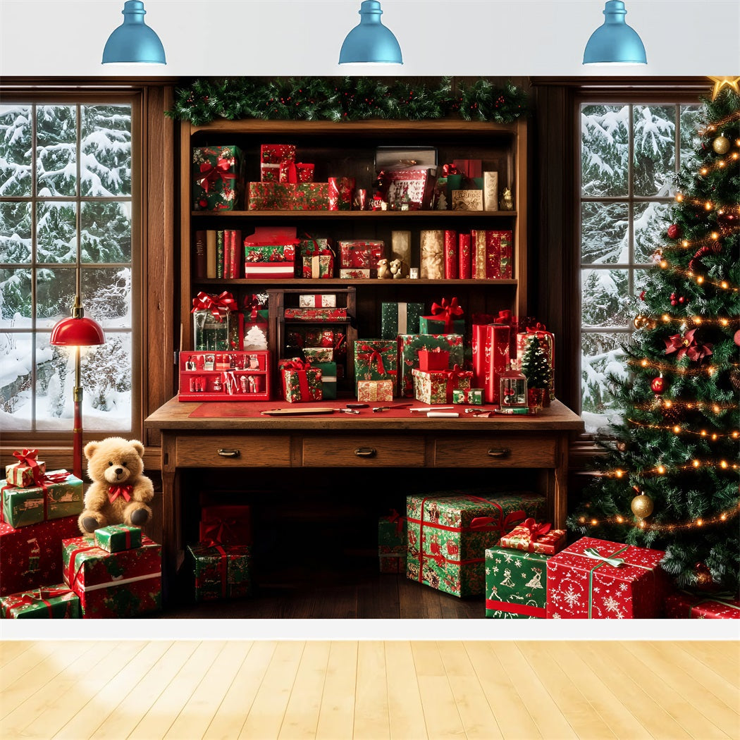 Toile de fond Noël Père Noël Bibliothèque Chaleureuse Cadeaux Emballés LXX59-195