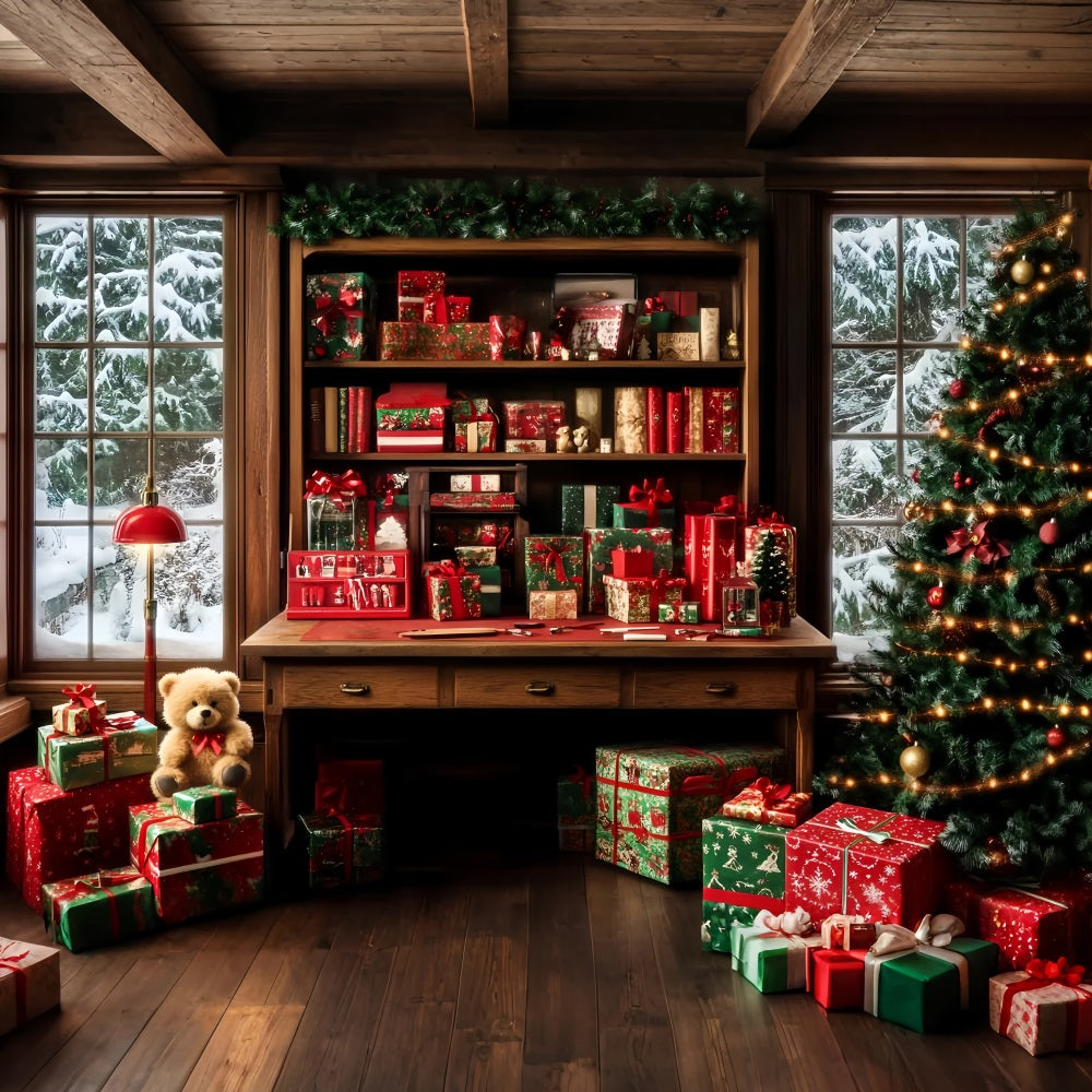 Toile de fond Noël Père Noël Bibliothèque Chaleureuse Cadeaux Emballés LXX59-195