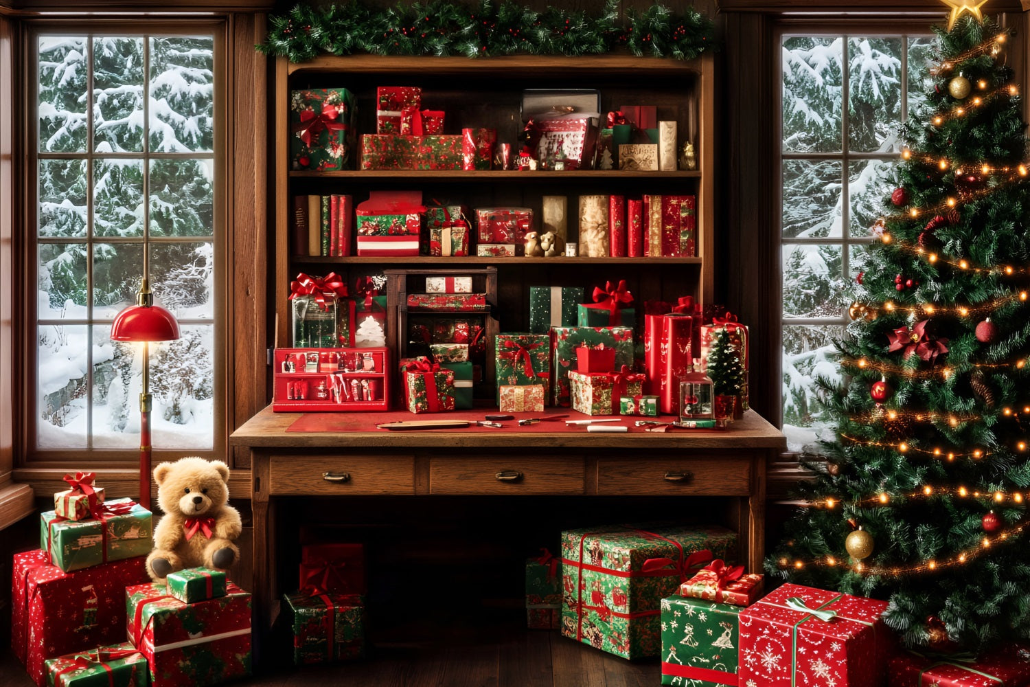 Toile de fond Noël Père Noël Bibliothèque Chaleureuse Cadeaux Emballés LXX59-195