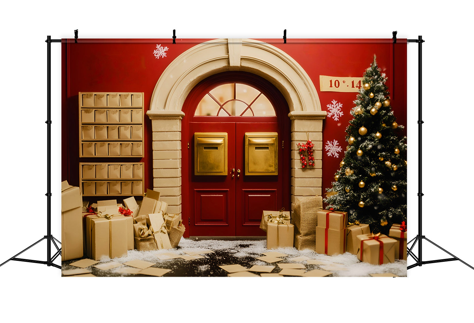 Toile de fond photo Noël Père Noël Boîte aux Lettres Dorée Porte Festive LXX59-196