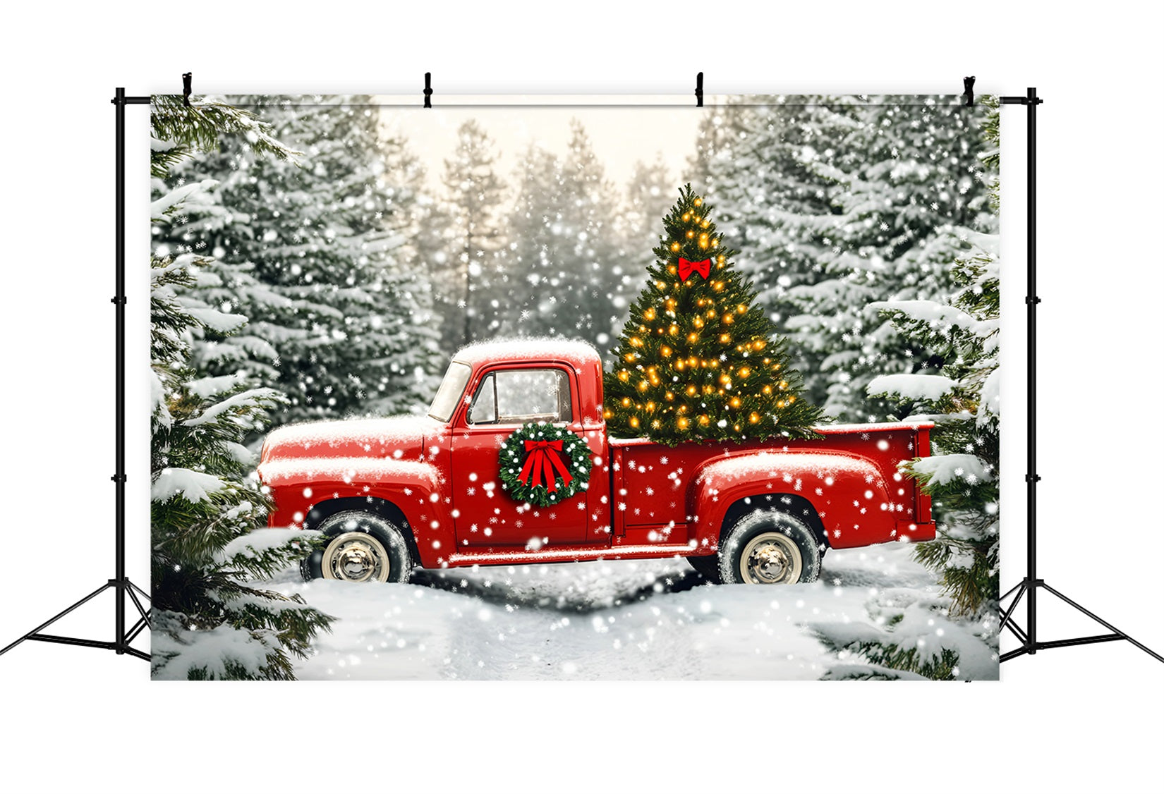 Toile de fond Noël Ferme Arbre Camion Rouge Sapin Enneigé LXX59-199