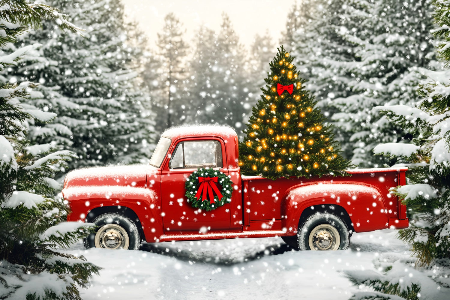 Toile de fond Noël Ferme Arbre Camion Rouge Sapin Enneigé LXX59-199