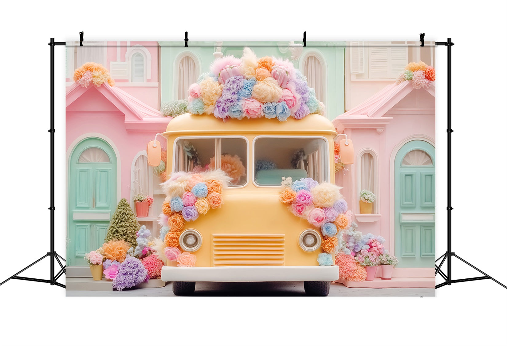 Toile de fond Retour à l'école Autobus Pastel Fleurs Autobus Scolaire LXX59-220