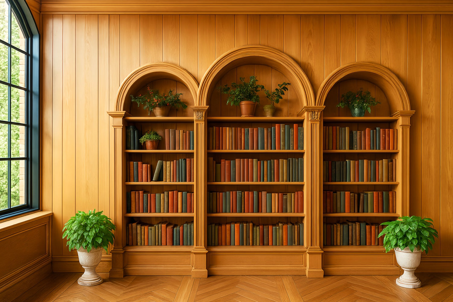 Toile de fond Retour à l'école Bibliothèque Bois Plantes Vertes LXX59-231
