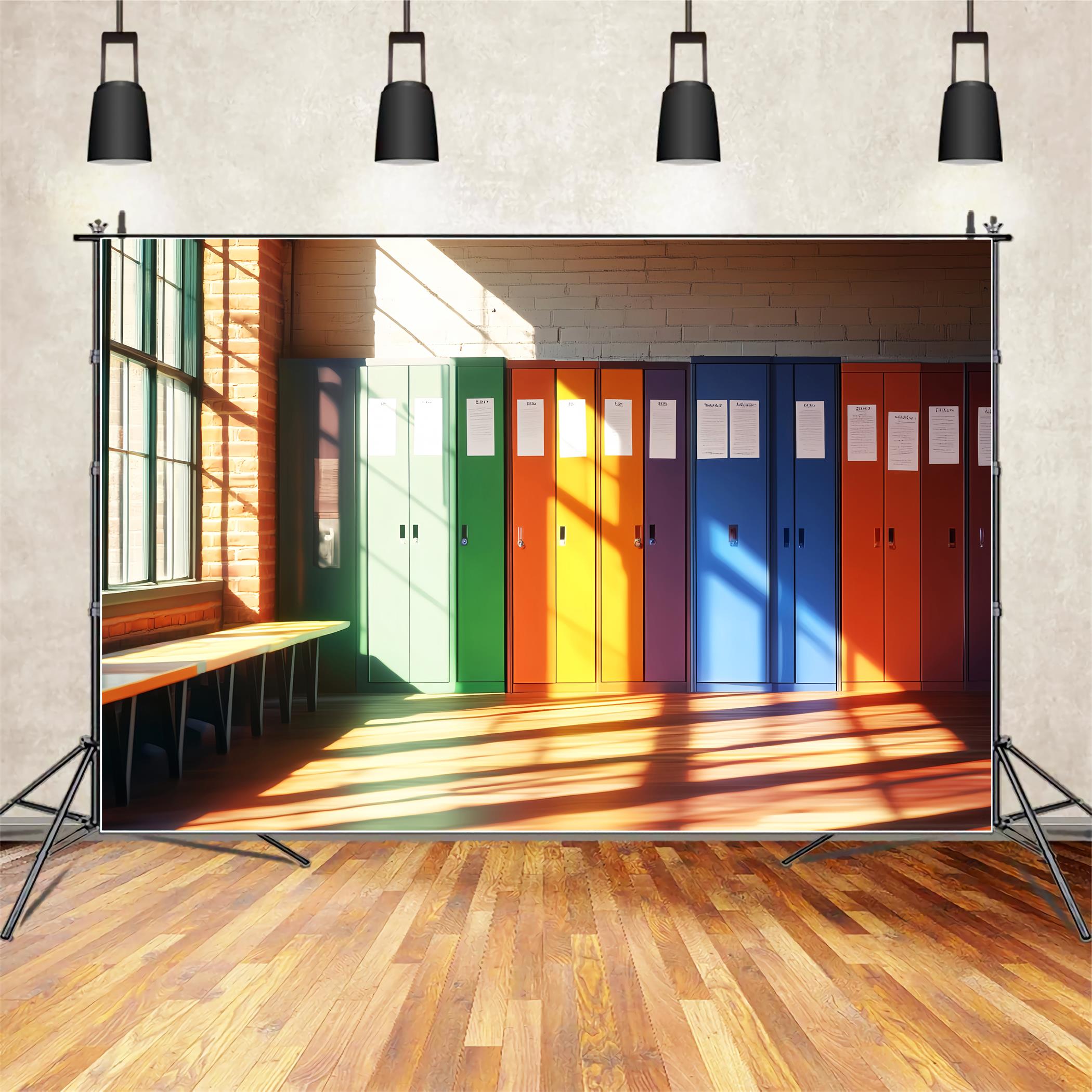 Toile de fond Retour à l'école Couloir Casiers Arc-en-Ciel Casier Scolaire LXX59-234