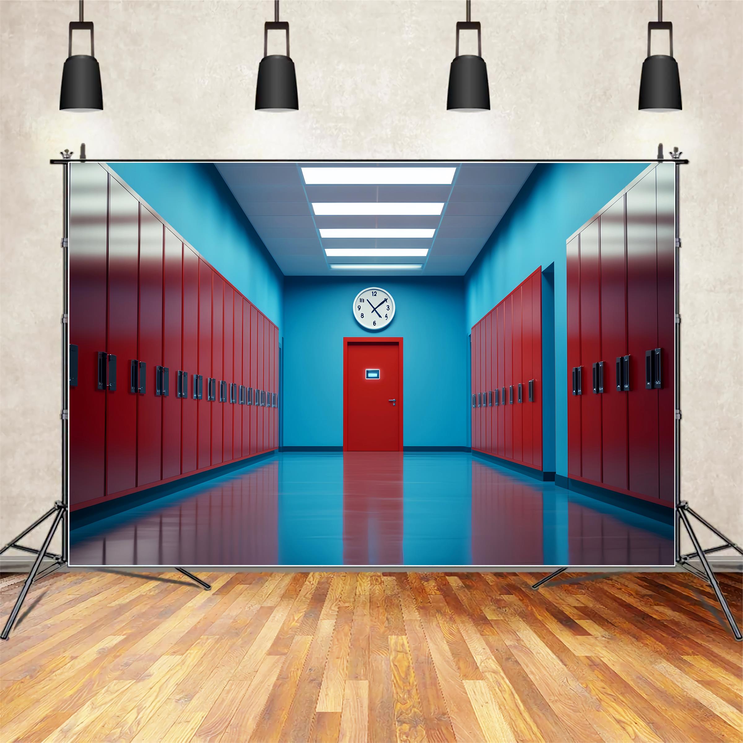 Toile de fond Retour à l'école Couloir Rouge Bleu Casiers Scolaires LXX59-236