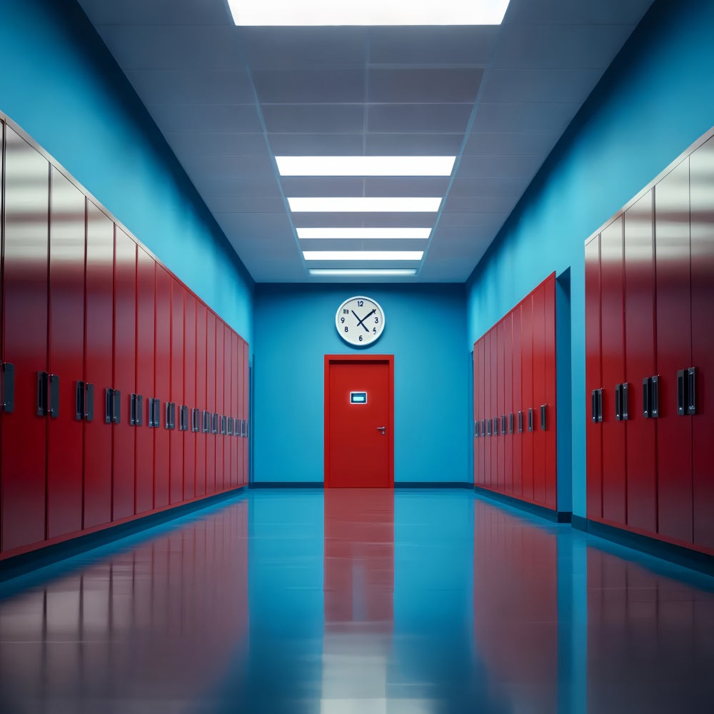 Toile de fond Retour à l'école Couloir Rouge Bleu Casiers Scolaires LXX59-236
