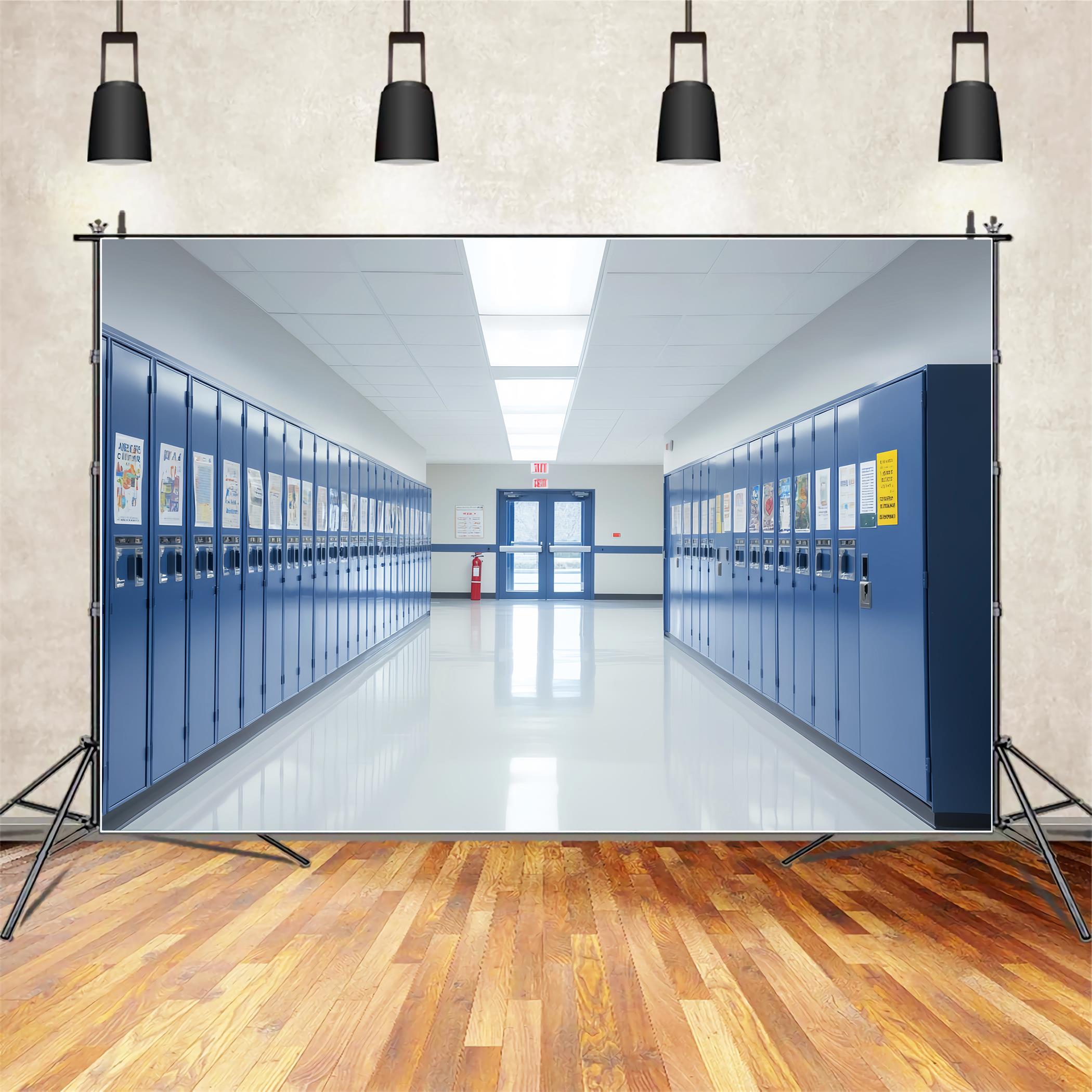 Toile de fond Retour à l'école Couloir Lumineux Casiers Bleus LXX59-239