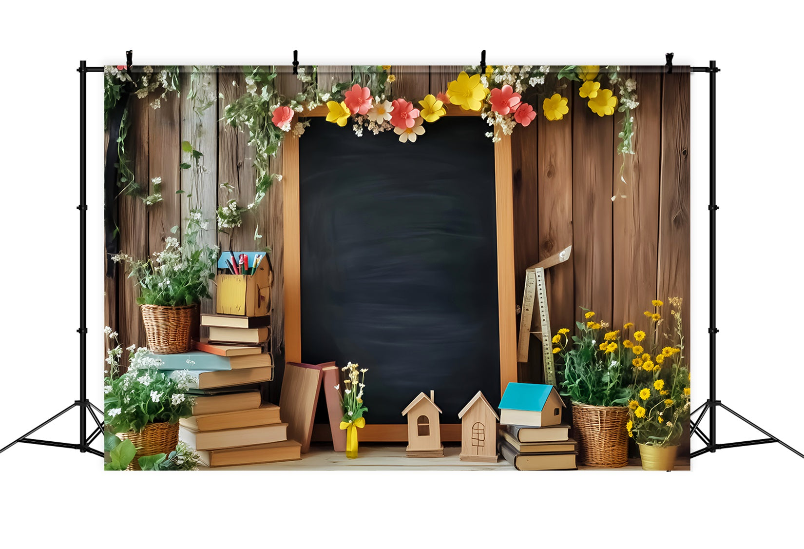 Toile de fond Retour à l'école Tableau Noir Floral Livres Photo LXX59-248