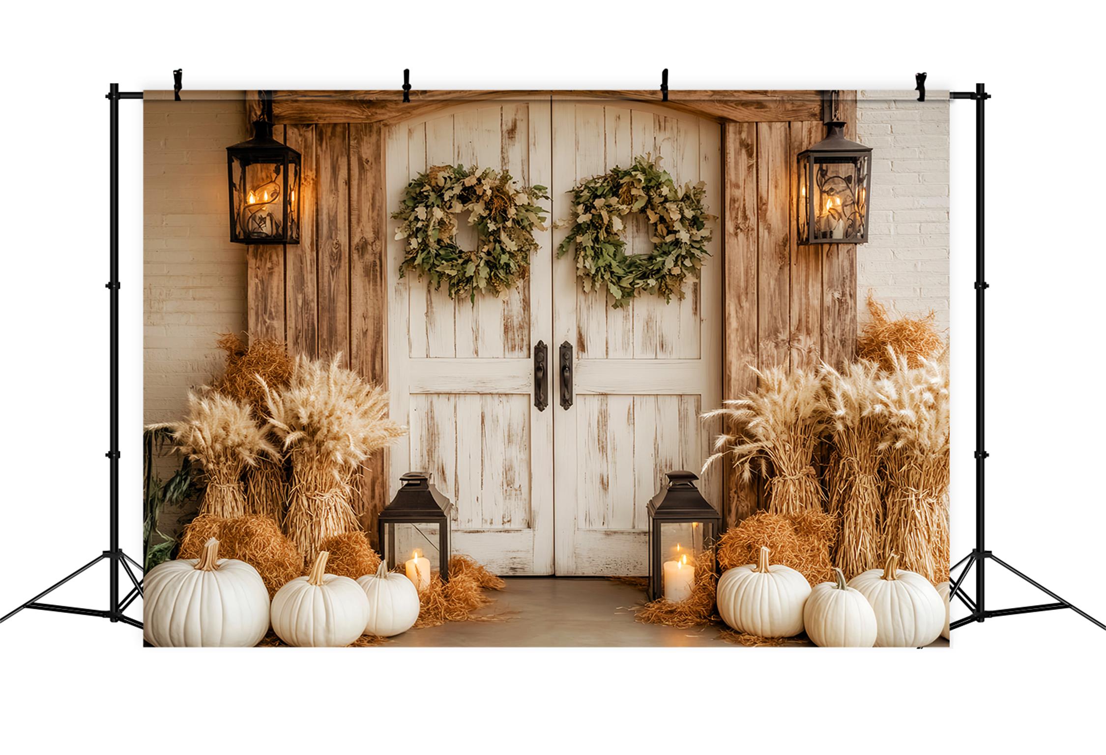 Toile de fond Automne Porte Grange Rustique Citrouilles Blanches Lanternes LXX59-259