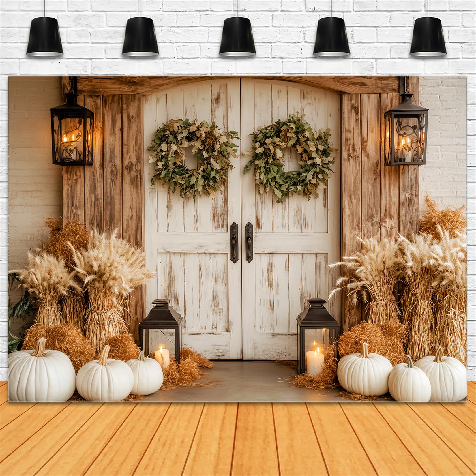 Toile de fond Automne Porte Grange Rustique Citrouilles Blanches Lanternes LXX59-259