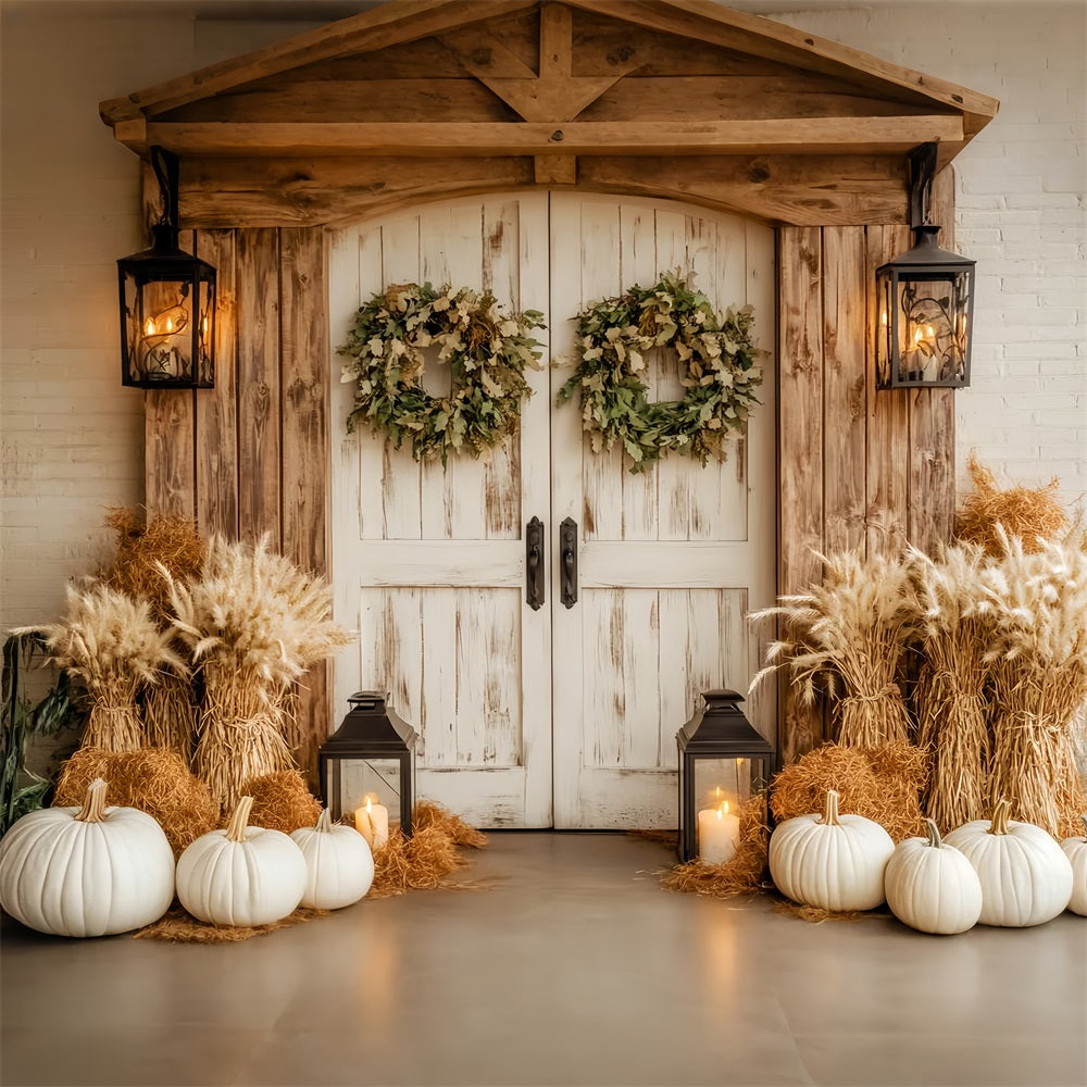 Toile de fond Automne Porte Grange Rustique Citrouilles Blanches Lanternes LXX59-259