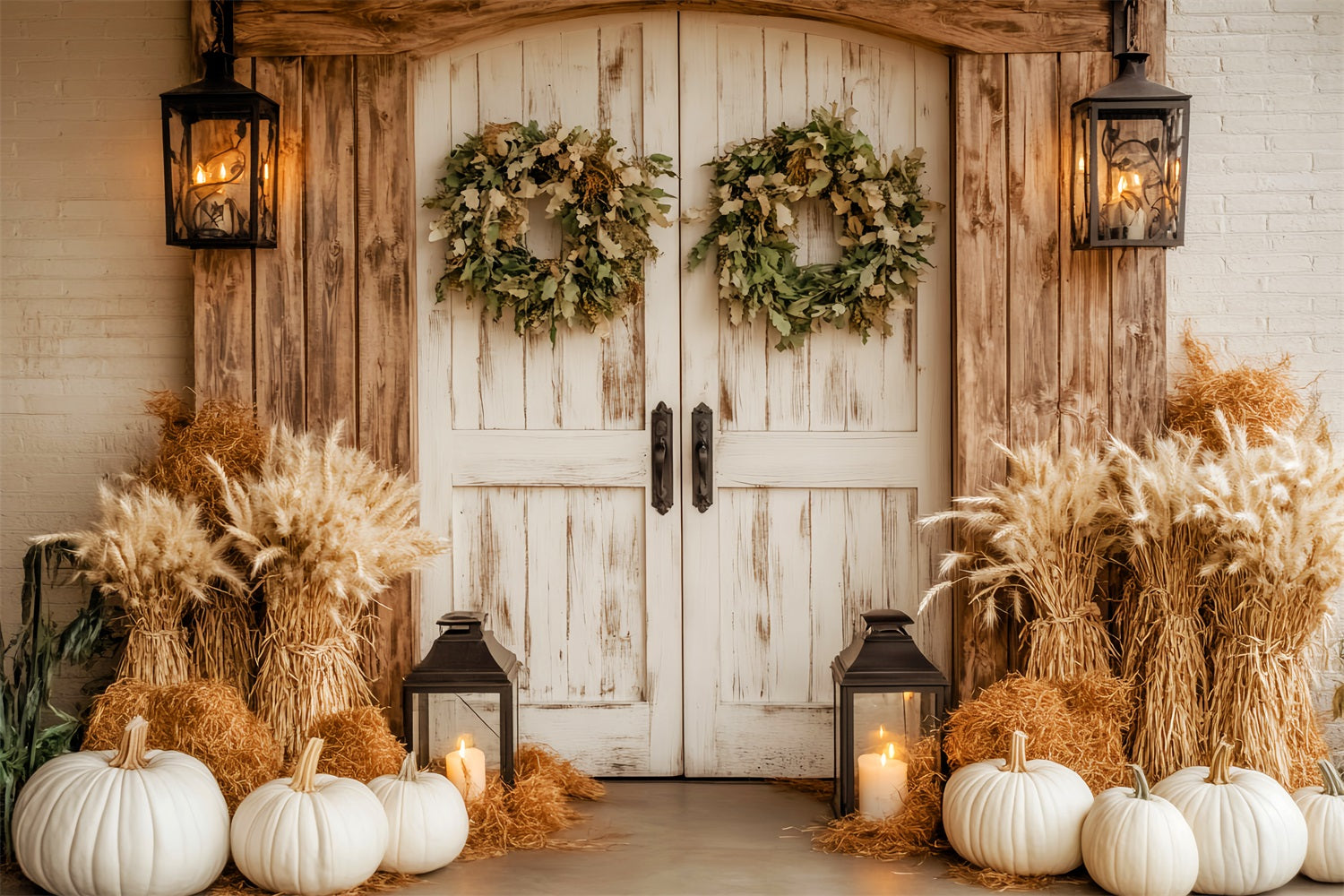 Toile de fond Automne Porte Grange Rustique Citrouilles Blanches Lanternes LXX59-259