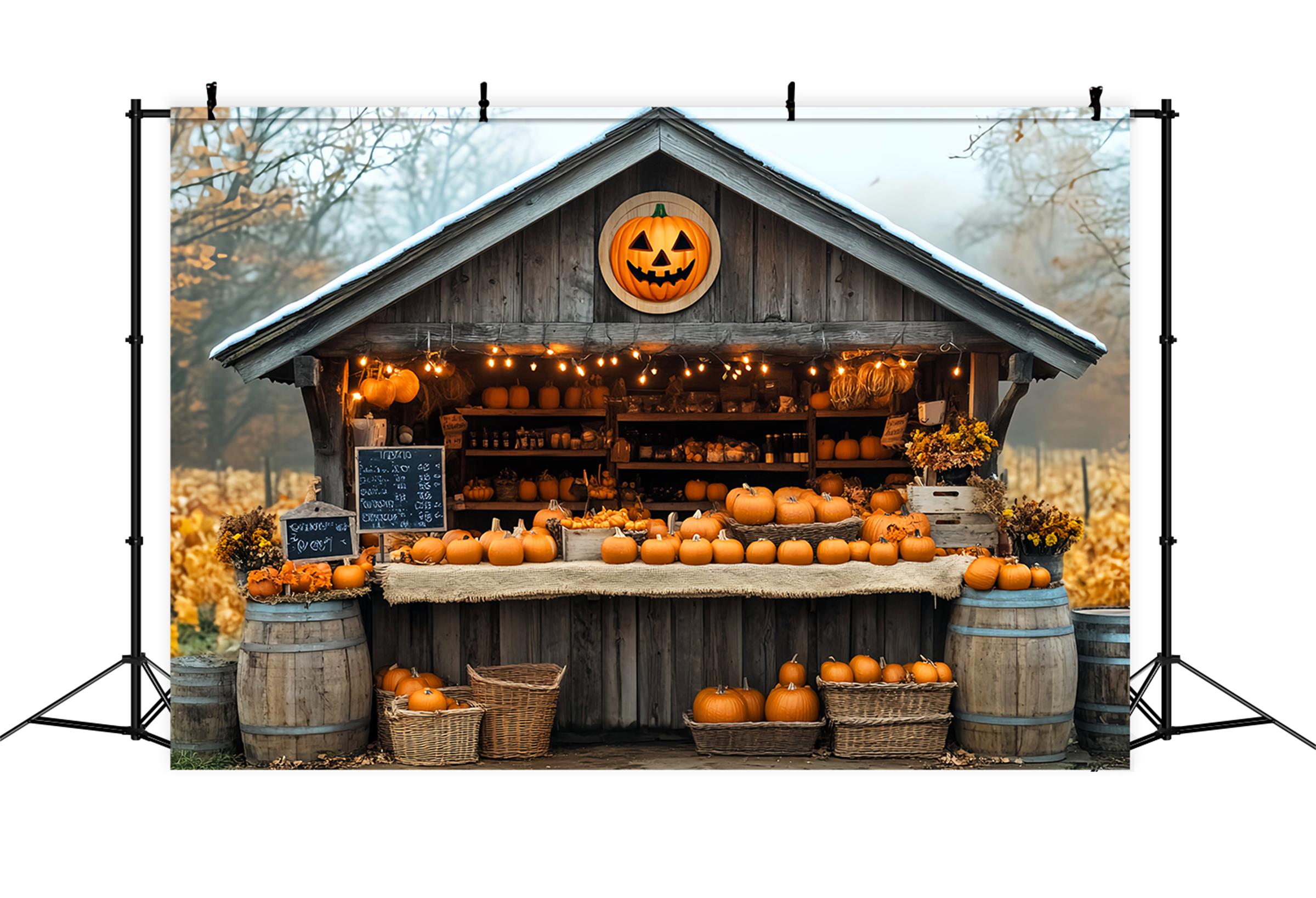 Toile de fond Photo Automne Marché Citrouilles Cabane Bois LXX59-260