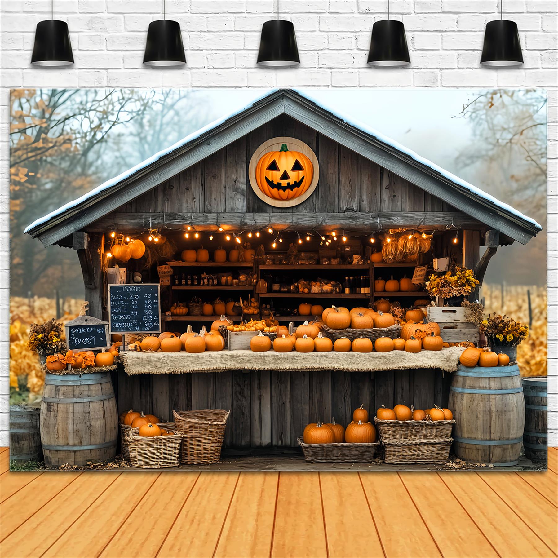 Toile de fond Photo Automne Marché Citrouilles Cabane Bois LXX59-260