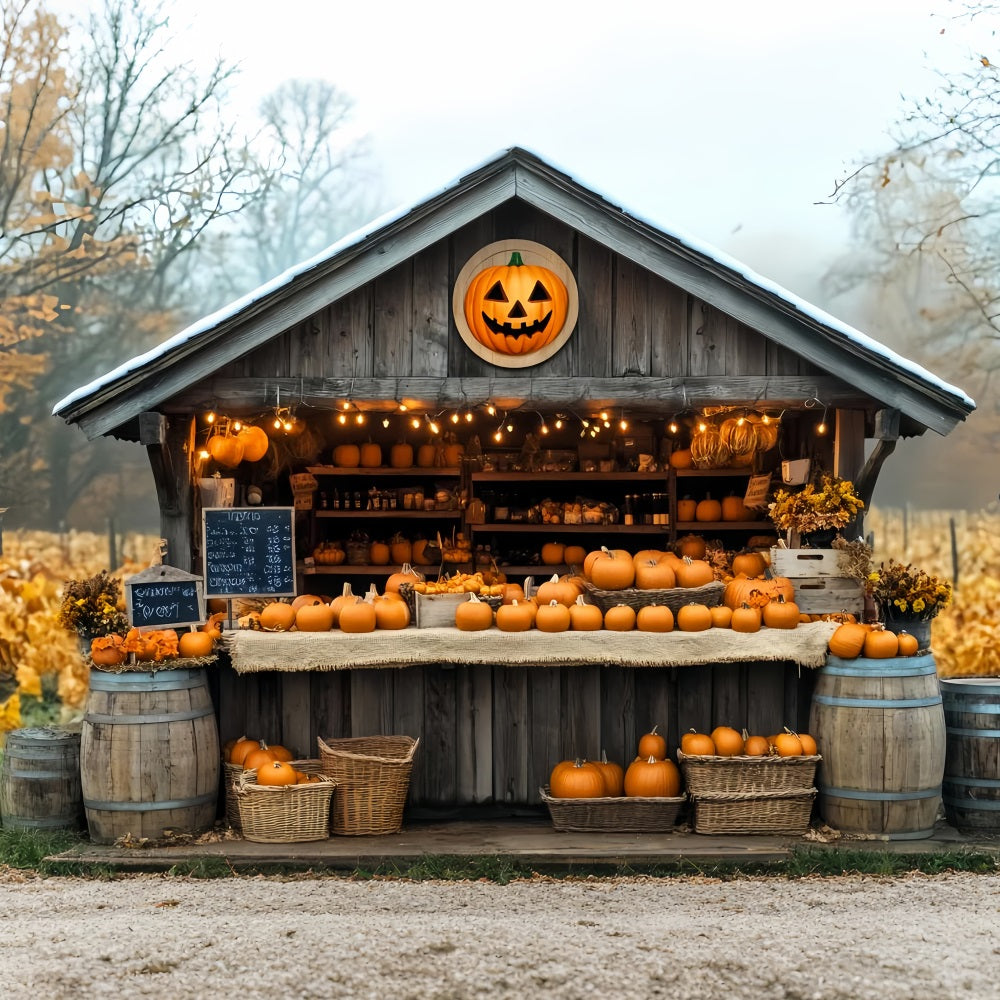 Toile de fond Photo Automne Marché Citrouilles Cabane Bois LXX59-260
