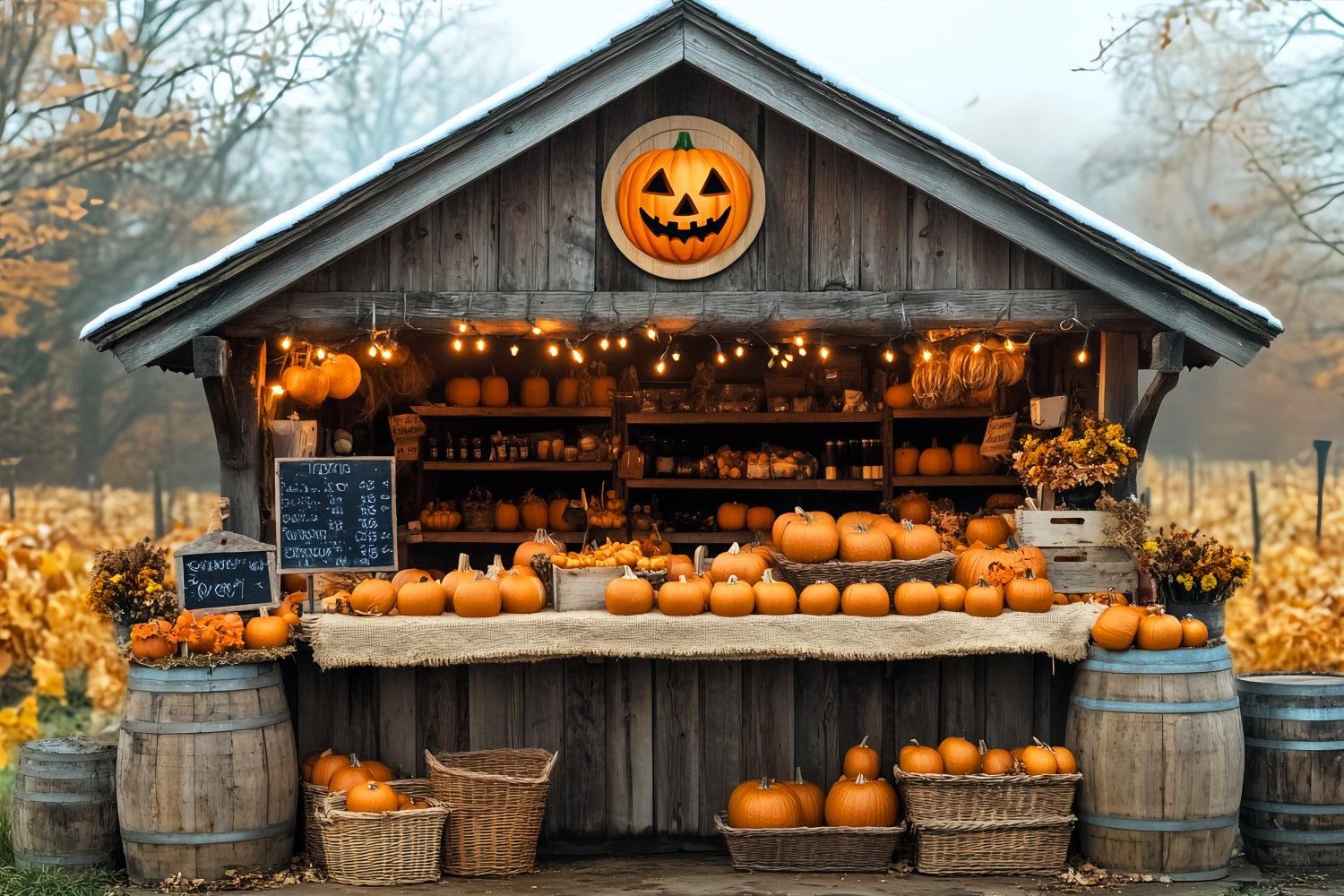 Toile de fond Photo Automne Marché Citrouilles Cabane Bois LXX59-260
