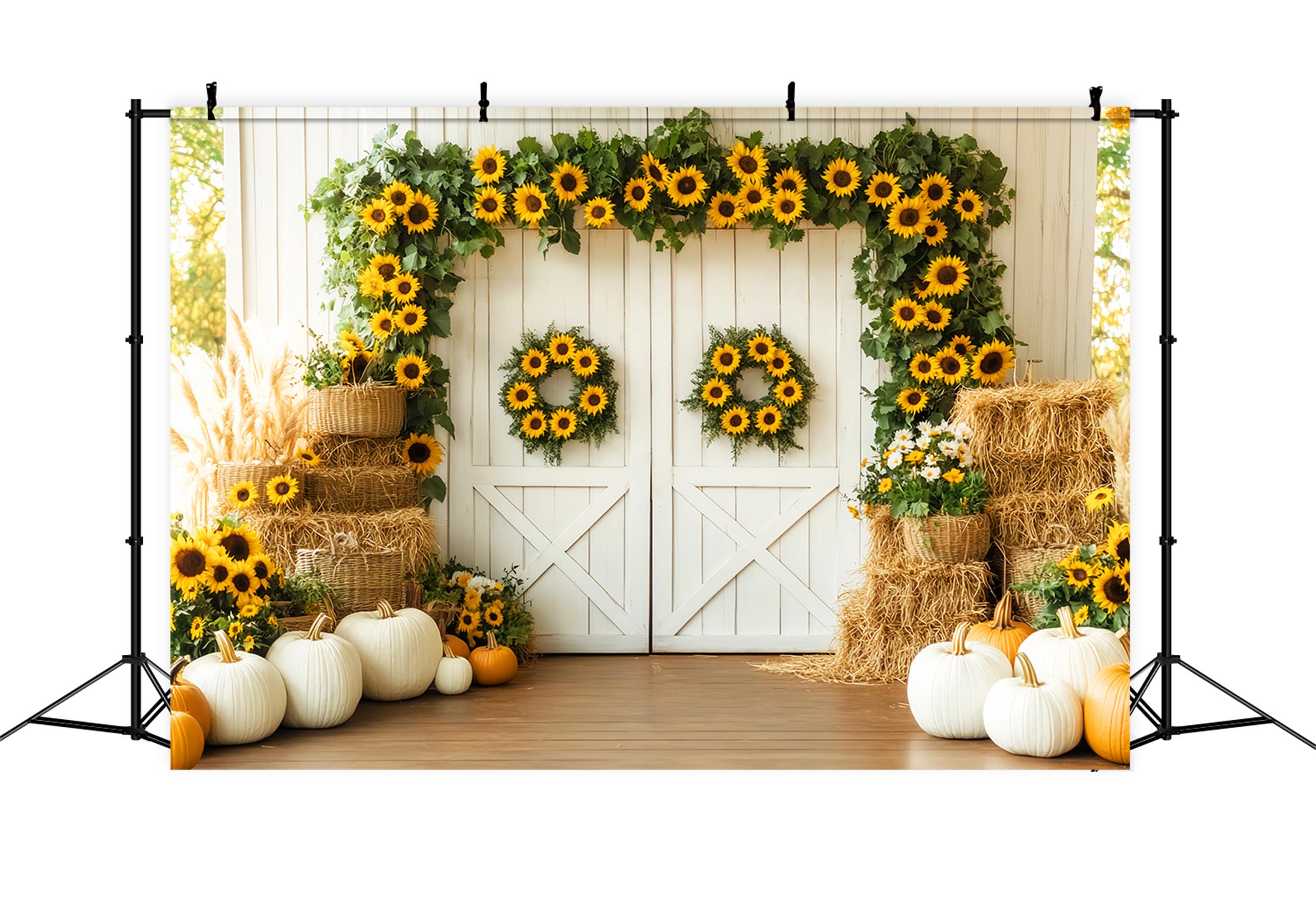 Toile de fond Photo Automne Porte Grange Tournesols Citrouilles Récolte LXX59-262