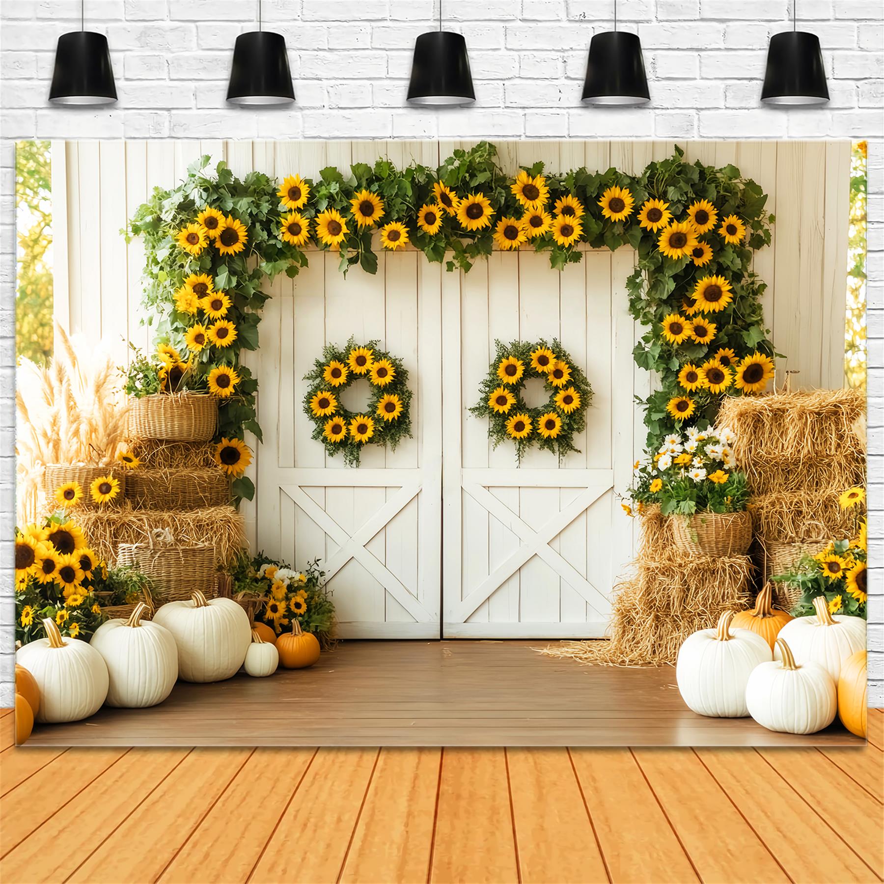 Toile de fond Photo Automne Porte Grange Tournesols Citrouilles Récolte LXX59-262