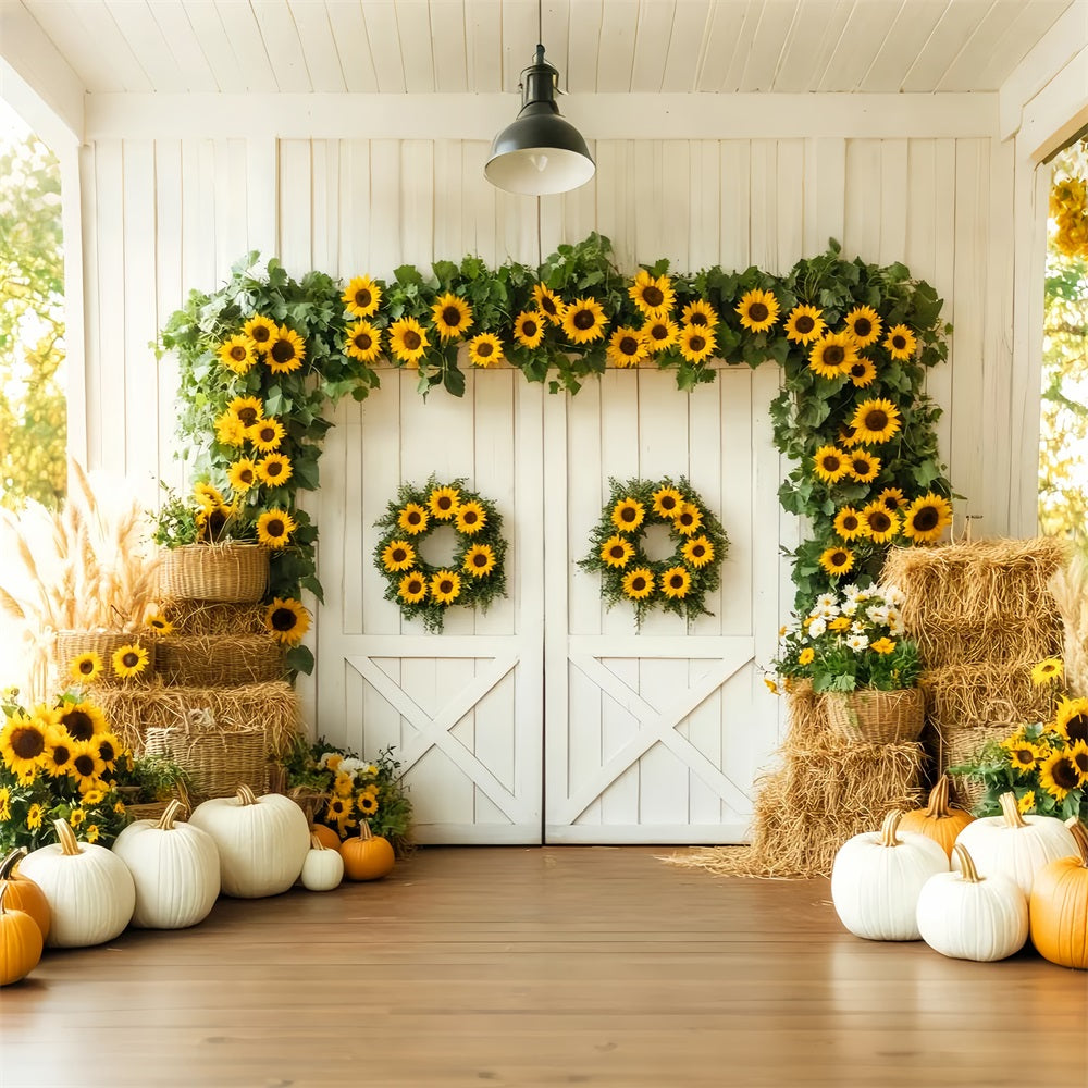 Toile de fond Photo Automne Porte Grange Tournesols Citrouilles Récolte LXX59-262