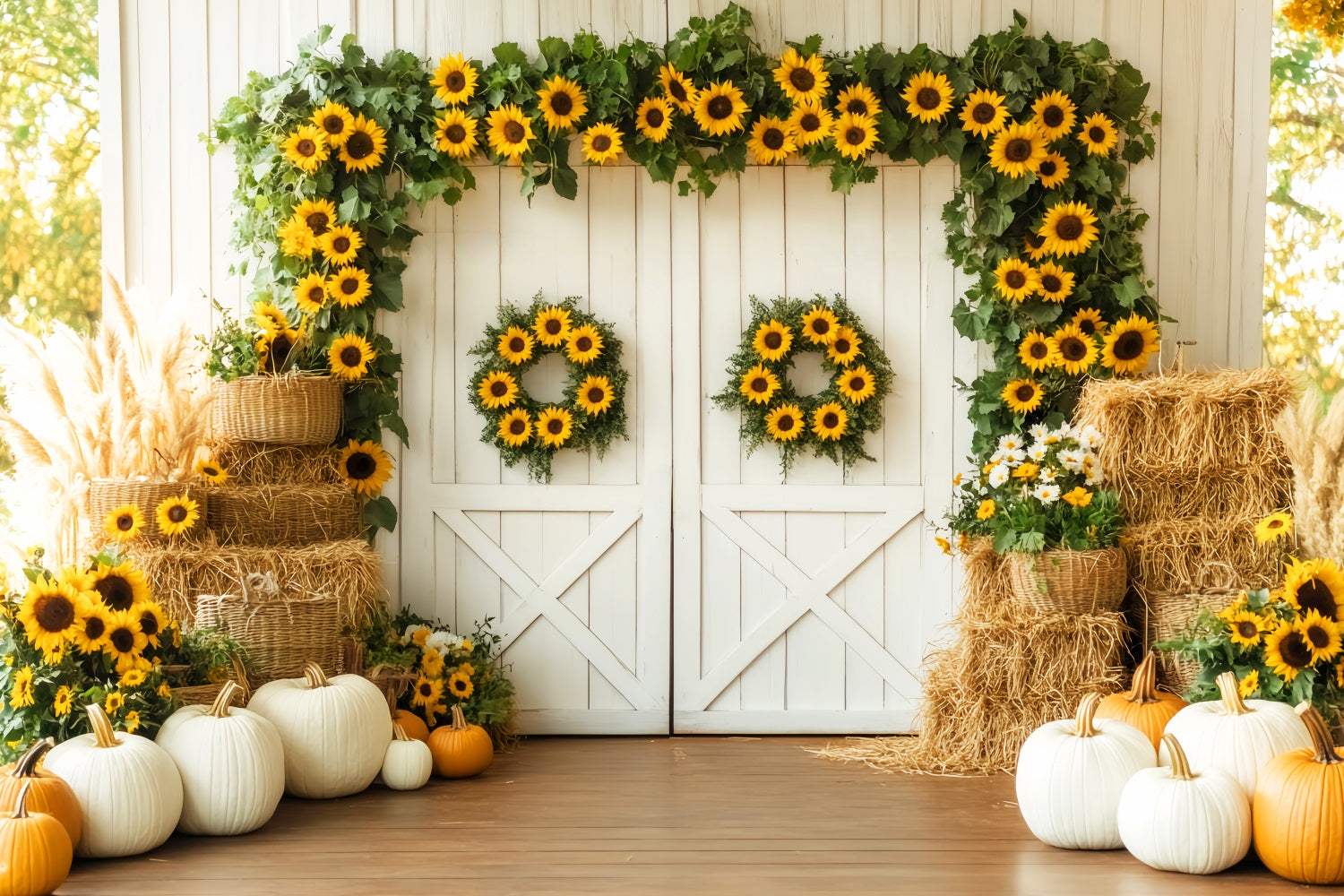 Toile de fond Photo Automne Porte Grange Tournesols Citrouilles Récolte LXX59-262