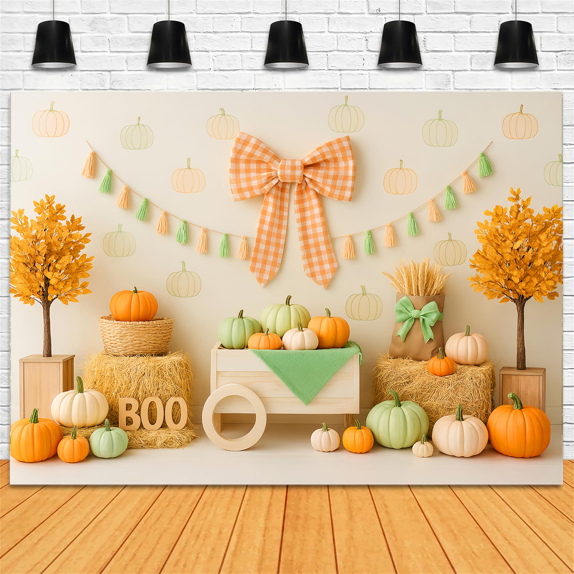 Toile de fond Deco Automne Nœud Citrouilles Présentation Récolte LXX59-263