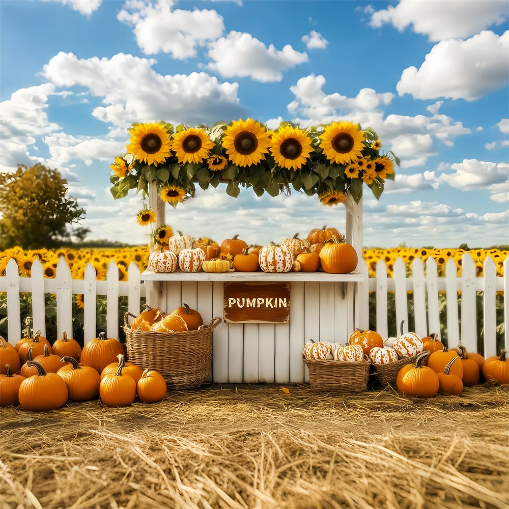 Toile de fond Photo Automne Marché Citrouilles Tournesols Stand LXX59-266