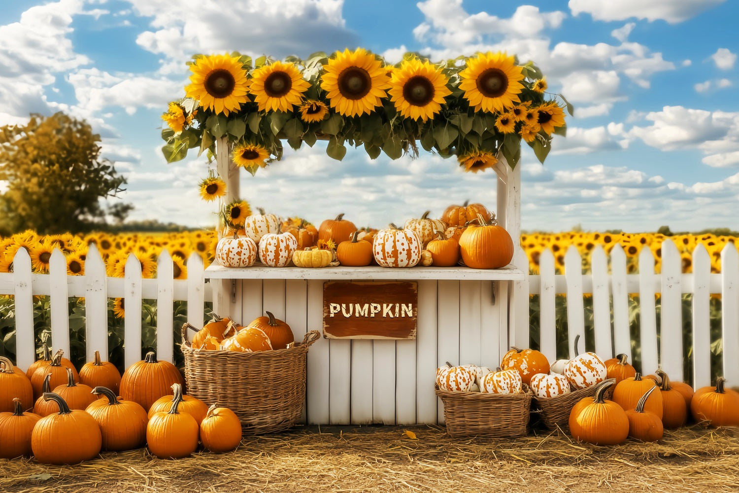 Toile de fond Photo Automne Marché Citrouilles Tournesols Stand LXX59-266