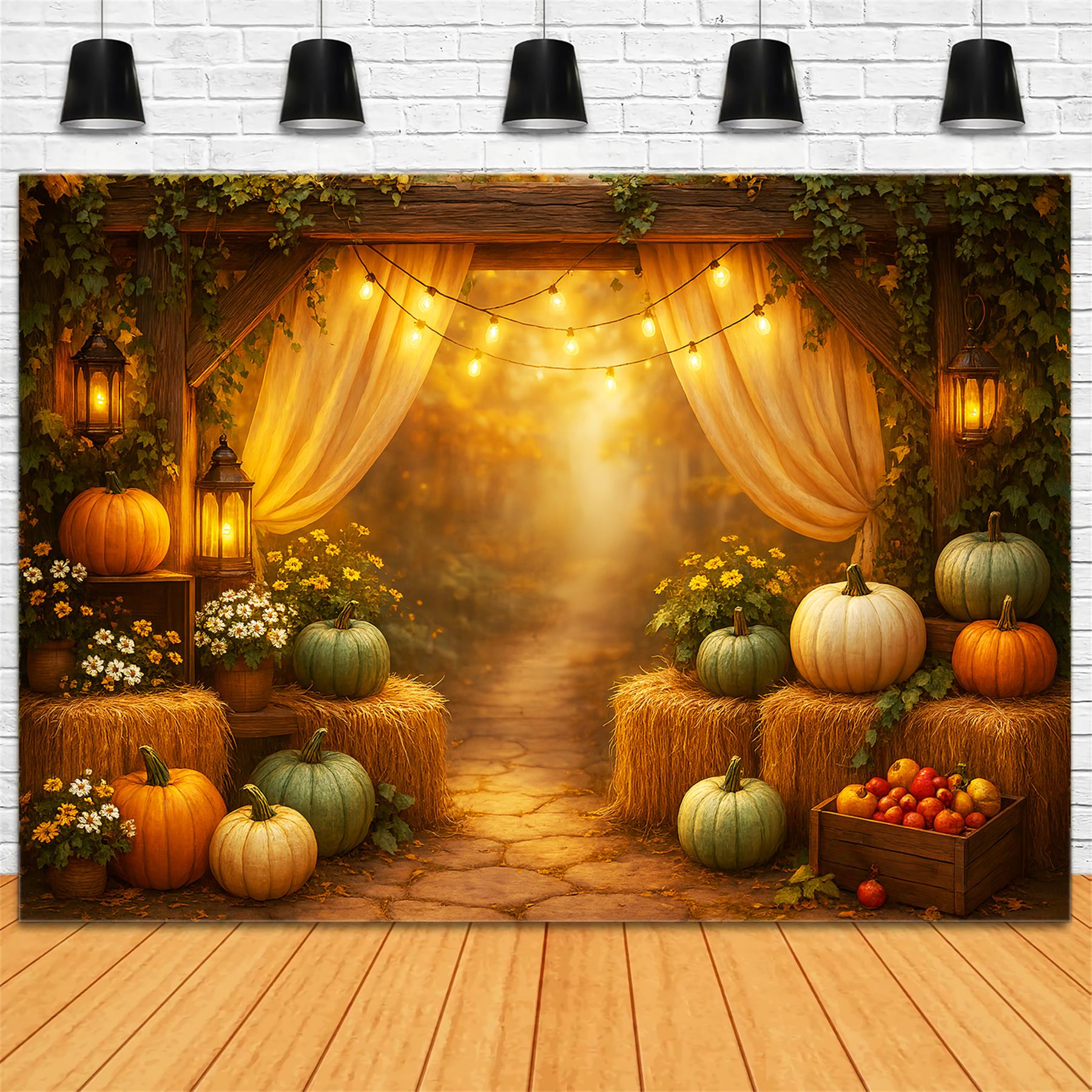Toile de fond Deco Automne Champ Citrouilles Rustique Arrangement LXX59-267