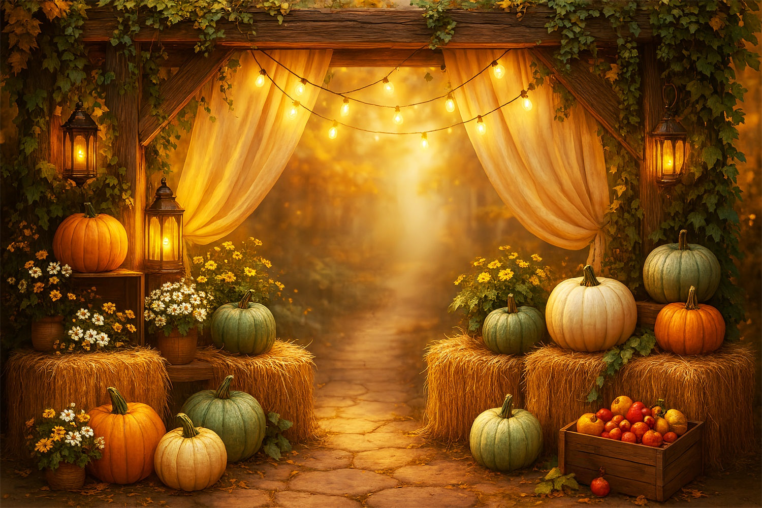 Toile de fond Deco Automne Champ Citrouilles Rustique Arrangement LXX59-267