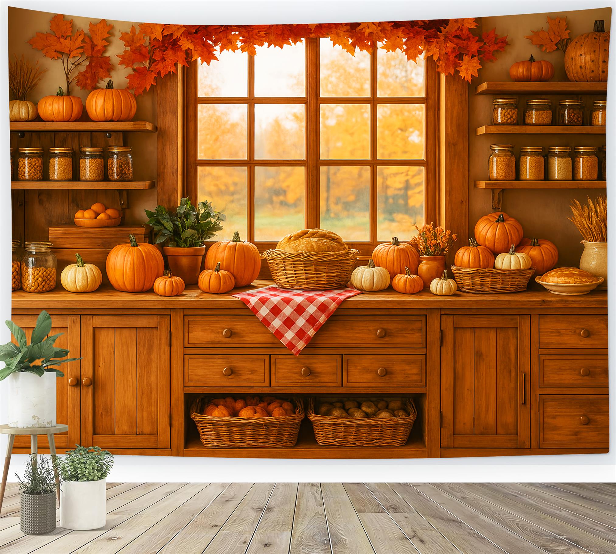 Toile de fond Automne Cuisine Coin Citrouilles Récolte LXX59-271