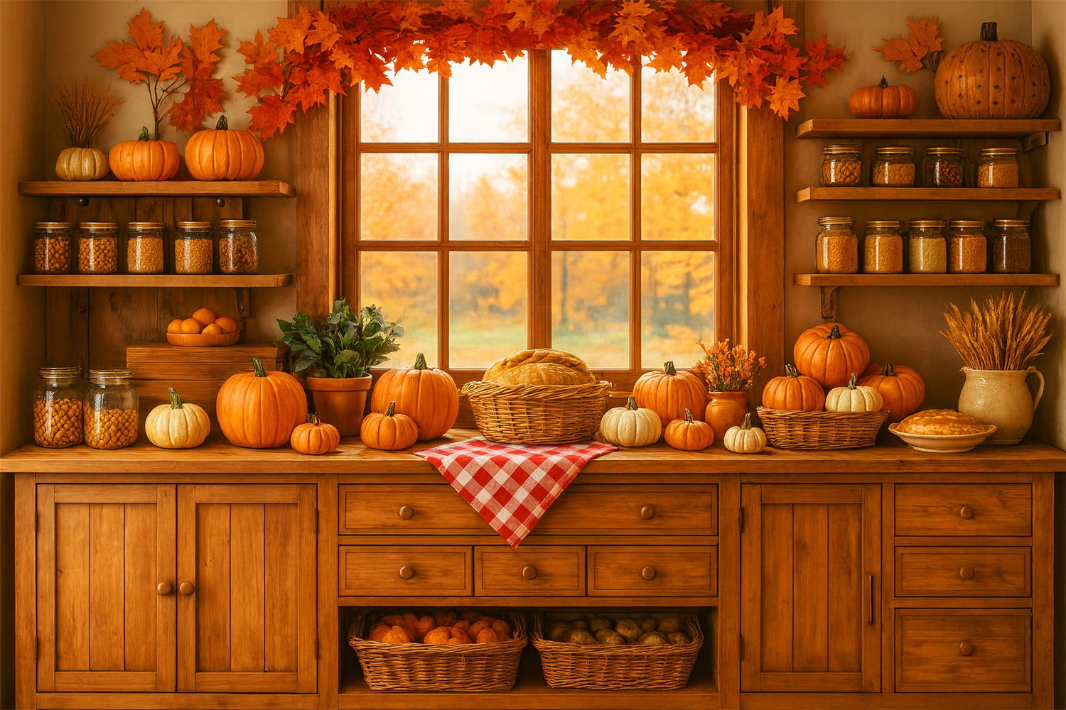 Toile de fond Automne Cuisine Coin Citrouilles Récolte LXX59-271