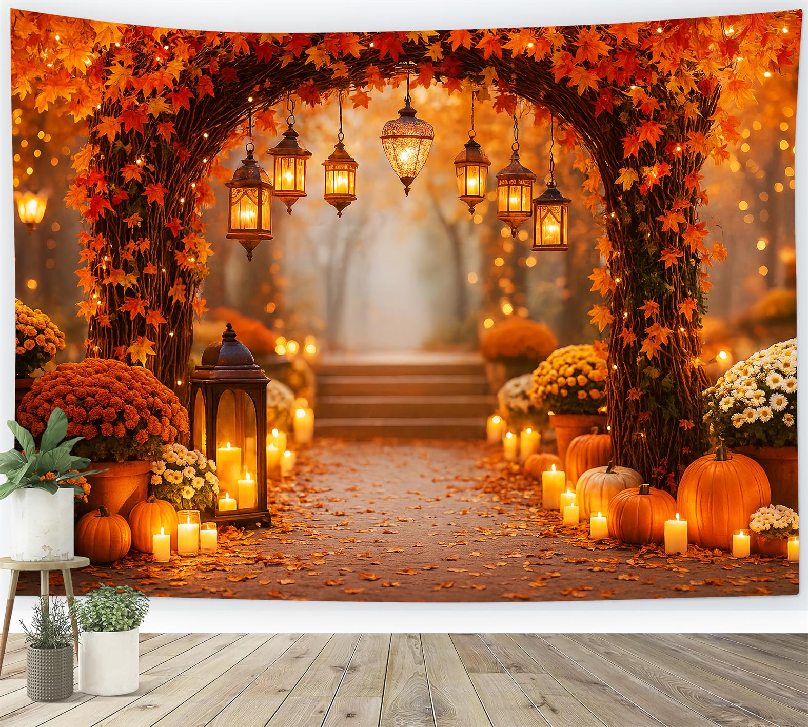Toile de fond Automne Citrouilles Rustiques Sentier Lanternes LXX59-275