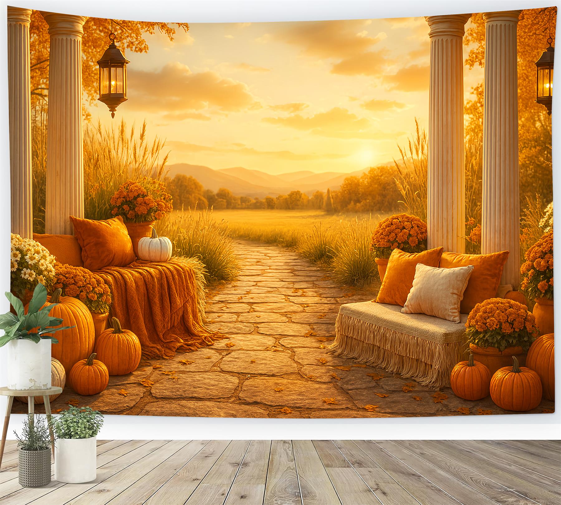 Toile de fond Automne Rustique Coucher Soleil Automnal Véranda LXX59-276