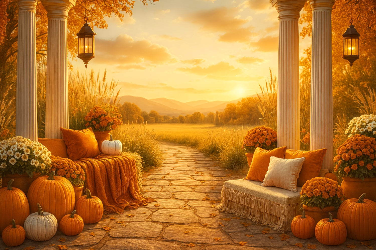Toile de fond Automne Rustique Coucher Soleil Automnal Véranda LXX59-276