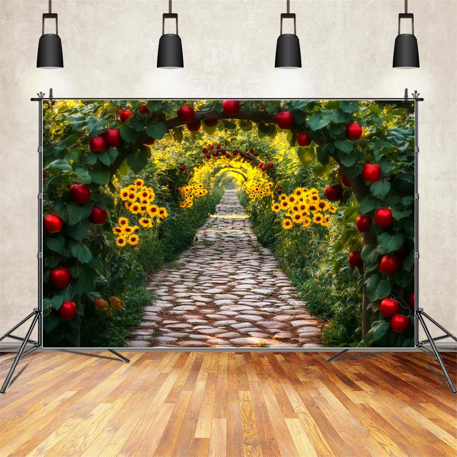 Toile de fond Photo Automne Verger Pommes Tunnel Tournesols LXX59-285