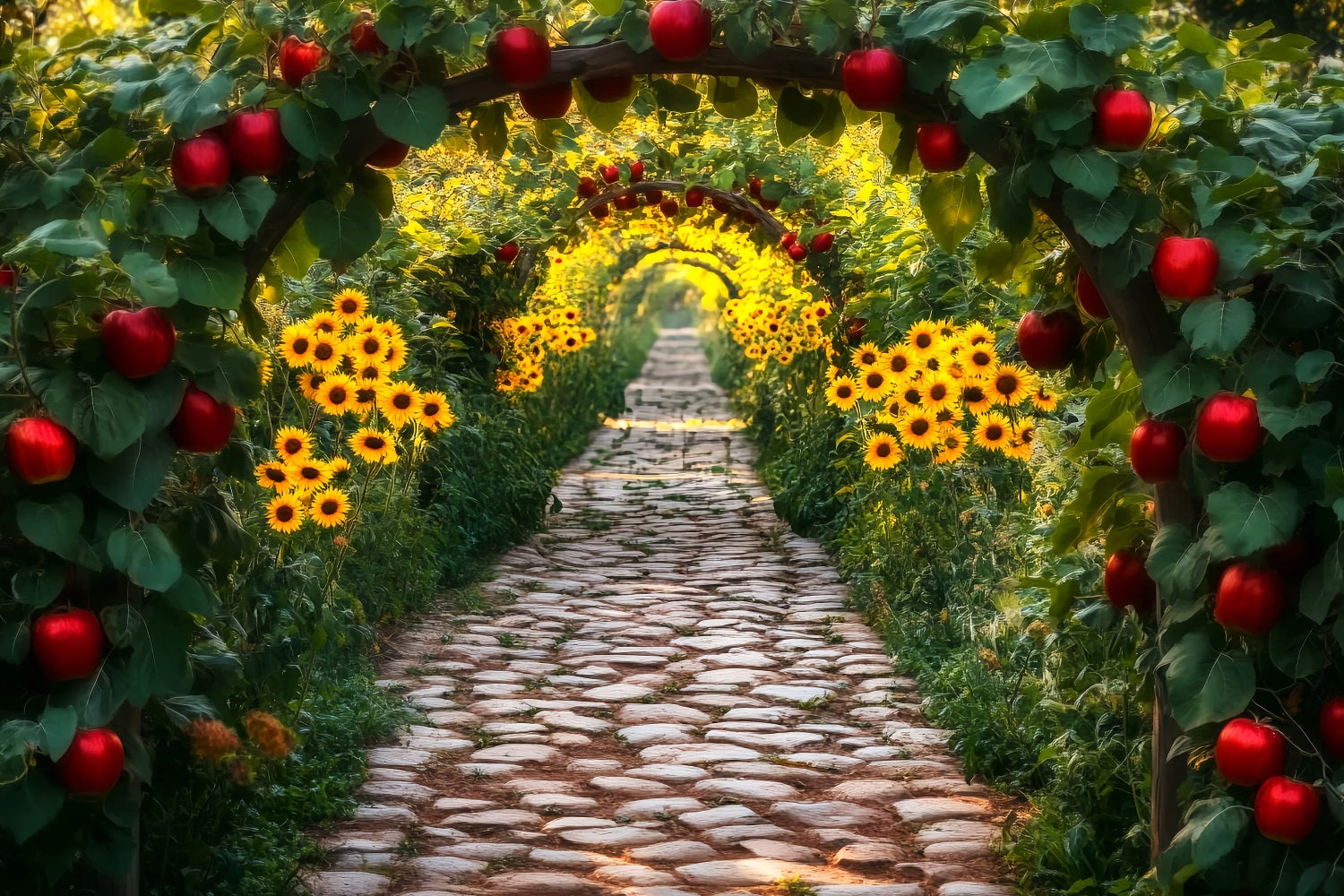 Toile de fond Photo Automne Verger Pommes Tunnel Tournesols LXX59-285