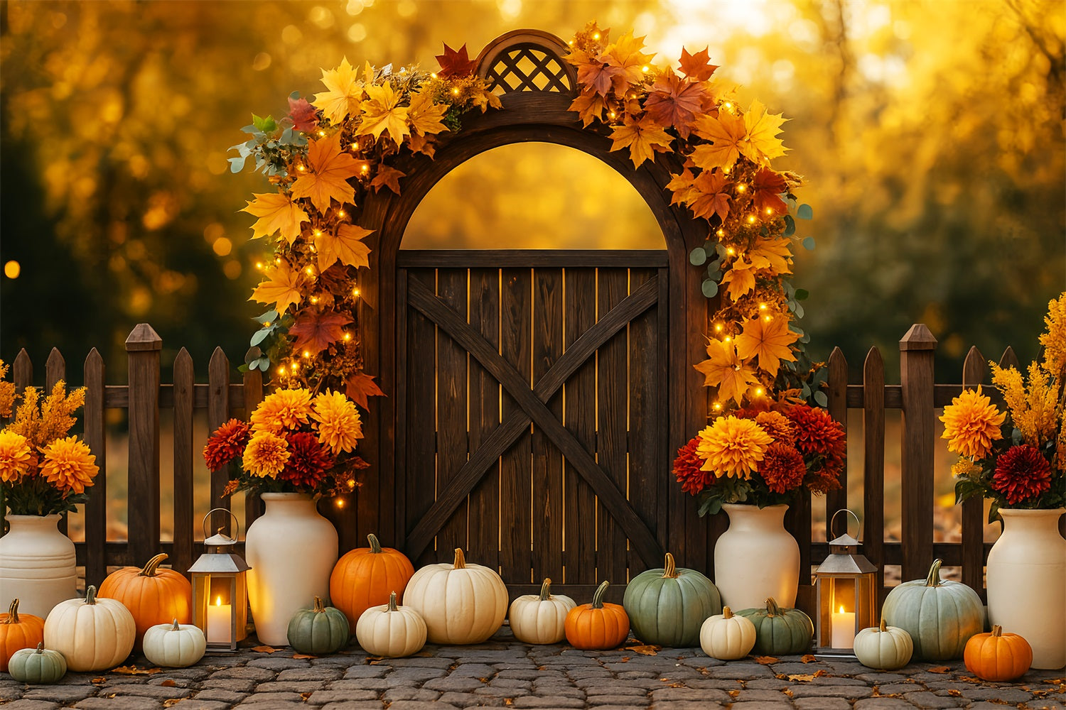 Toile de fond Photo Automne Extérieur Portail Citrouilles Lumières LXX59-287