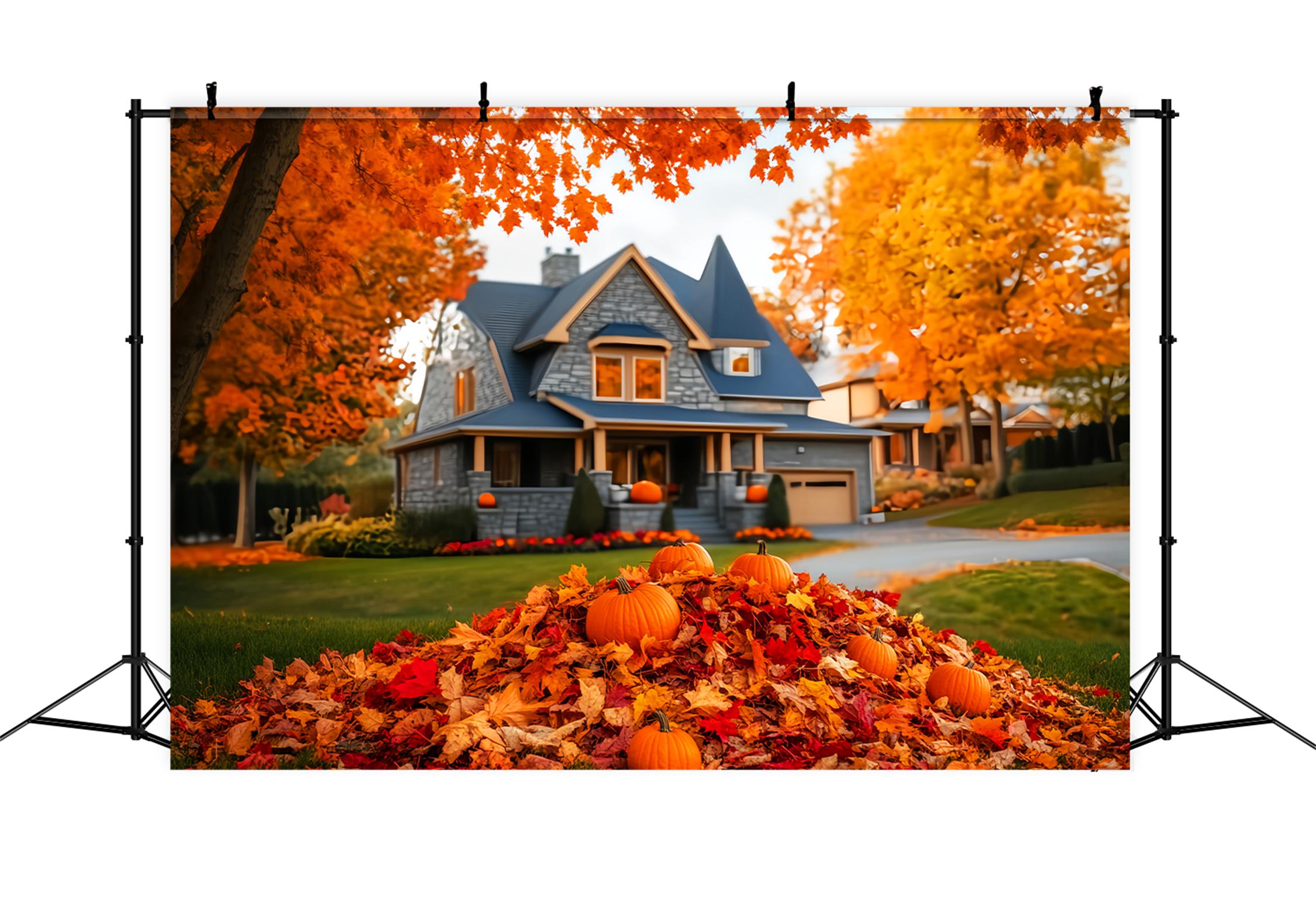 Toile de fond Automne Extérieur Maison Automnale Pile Citrouilles Feuilles LXX59-288