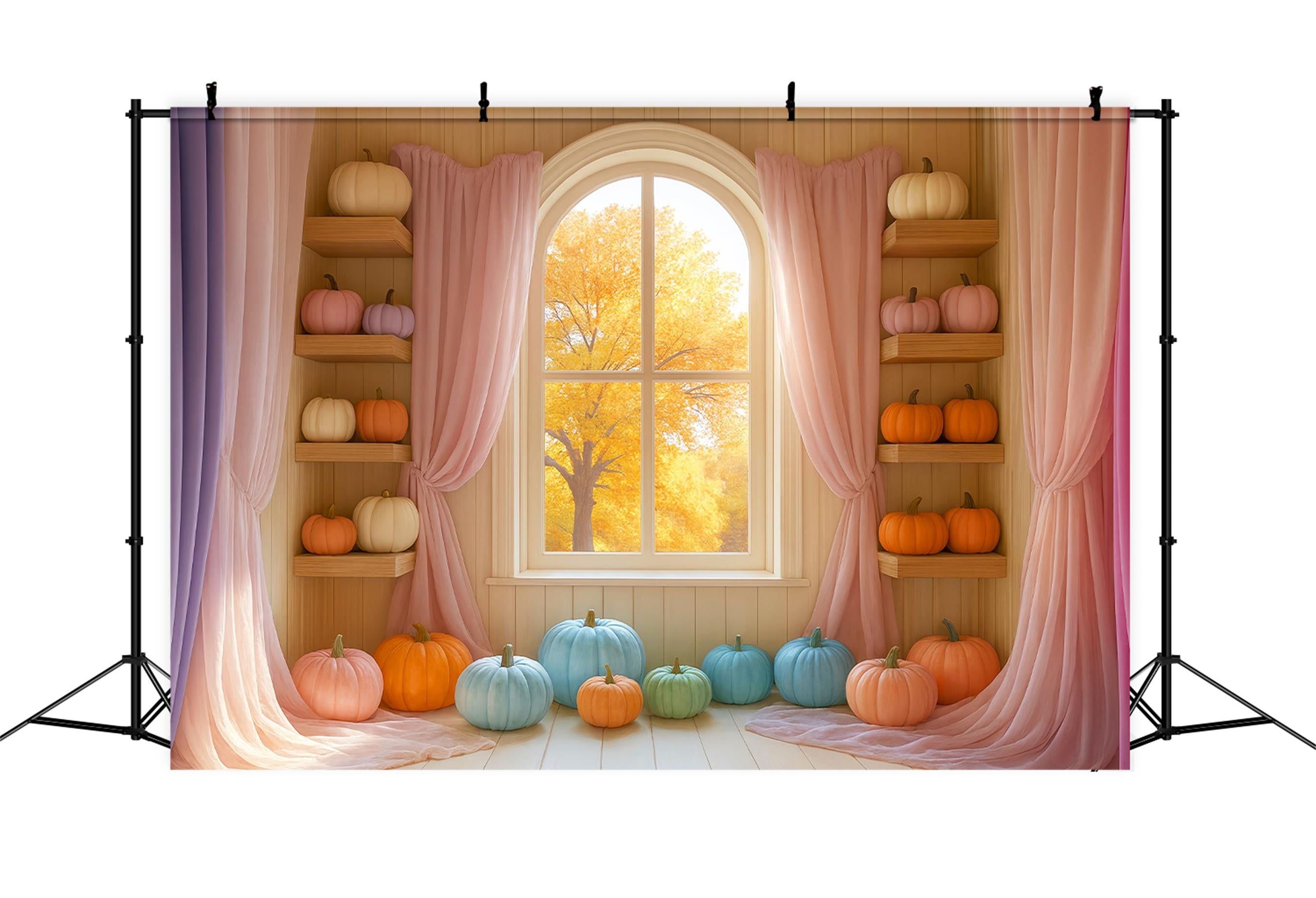 Toile de fond Deco Automne Pastel Citrouilles Colorées Fenêtre LXX59-289