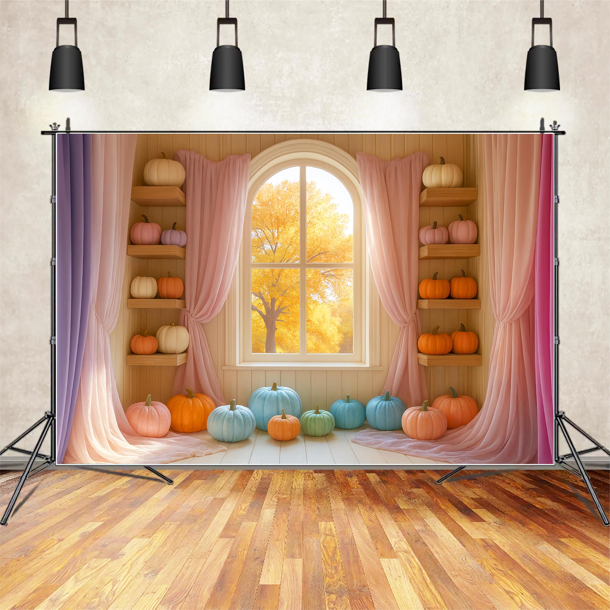 Toile de fond Deco Automne Pastel Citrouilles Colorées Fenêtre LXX59-289