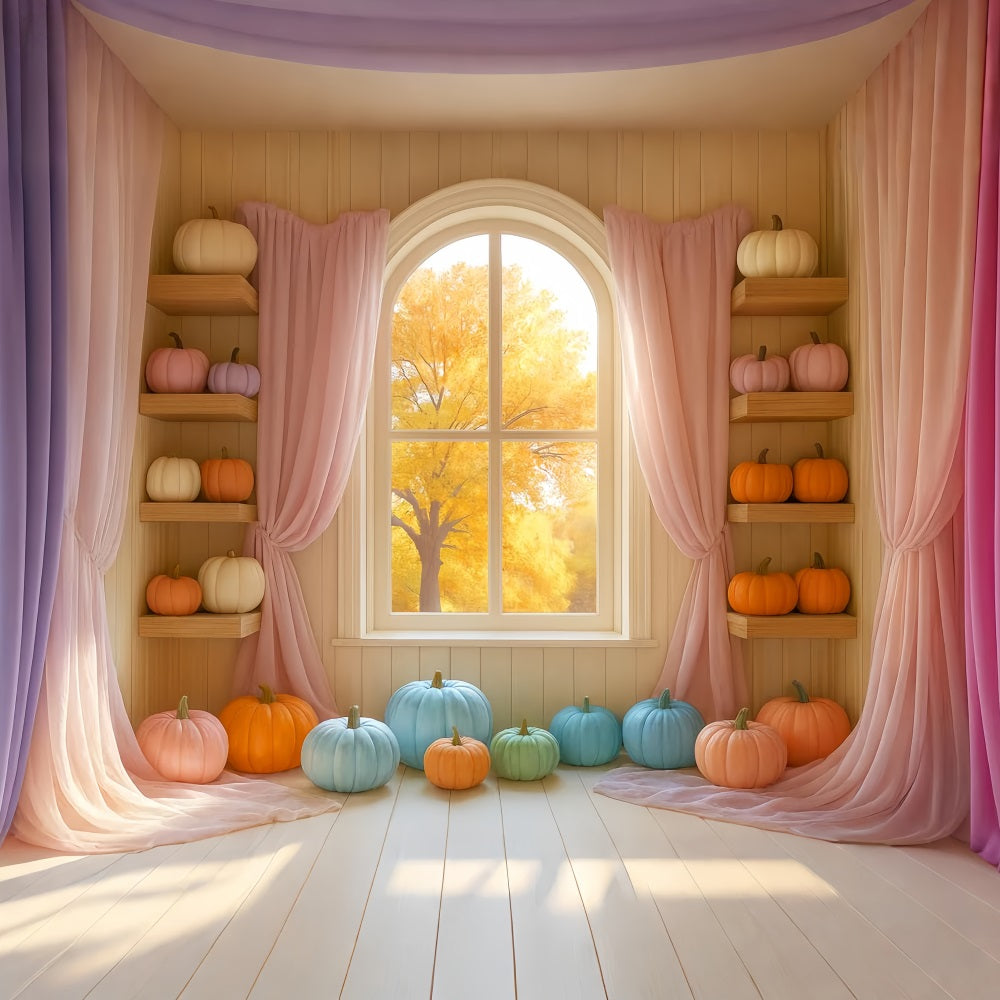 Toile de fond Deco Automne Pastel Citrouilles Colorées Fenêtre LXX59-289