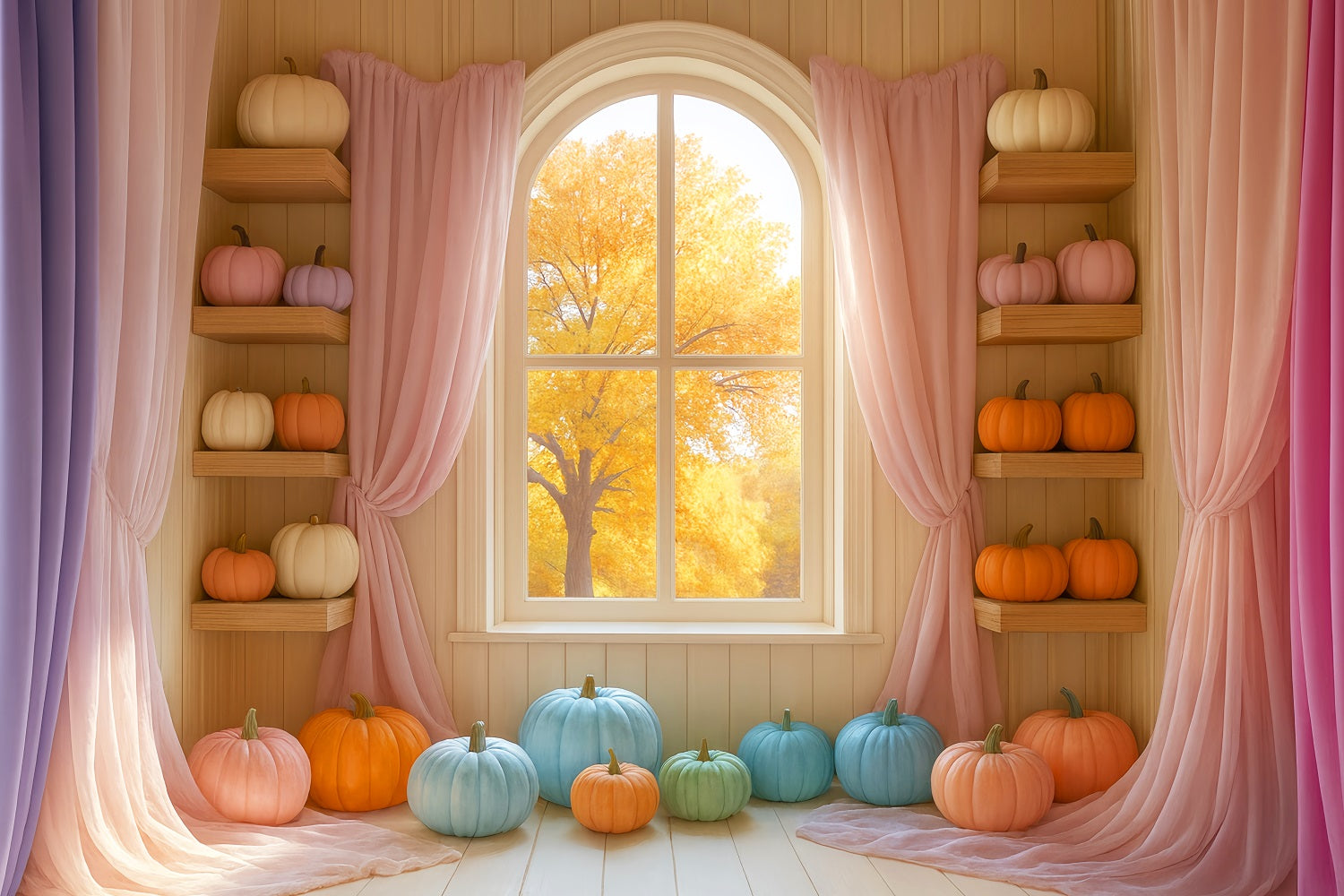 Toile de fond Deco Automne Pastel Citrouilles Colorées Fenêtre LXX59-289