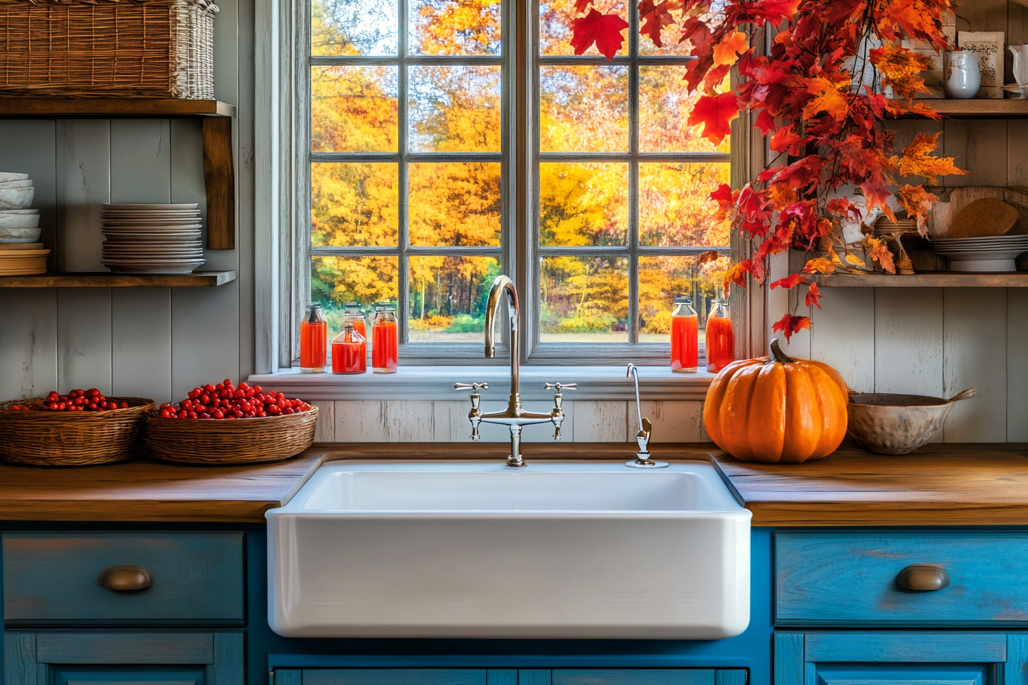 Toile de fond Photo Automne Cuisine Rustique Feuilles Automne LXX59-290