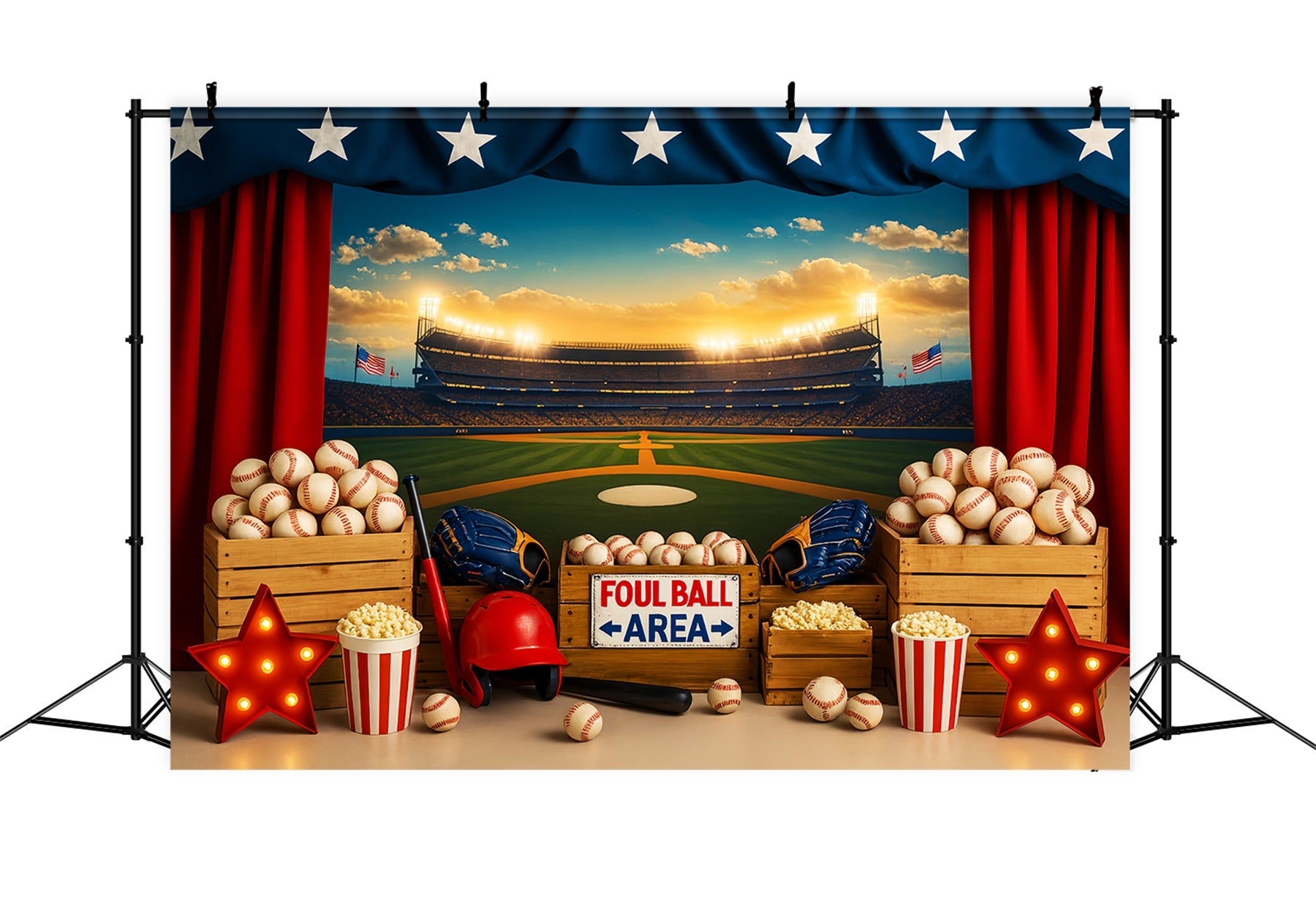 Toile de fond baseball Stade de baseball Popcorn Lumières Toile de fond sportive LXX59-298