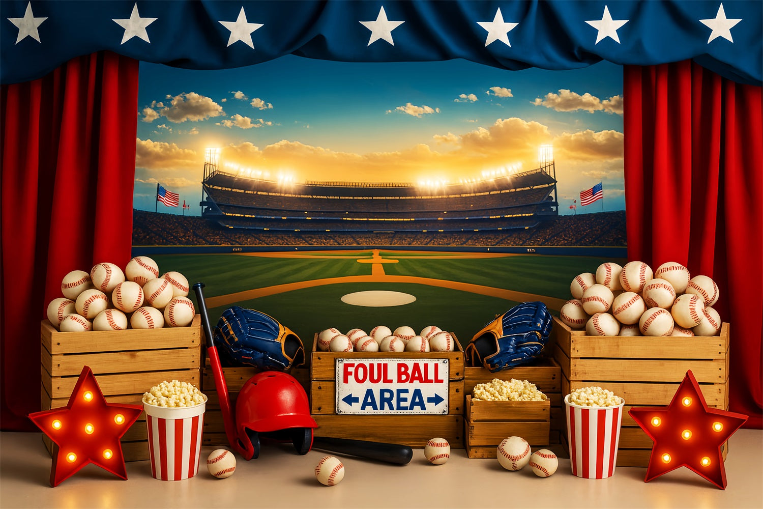 Toile de fond baseball Stade de baseball Popcorn Lumières Toile de fond sportive LXX59-298